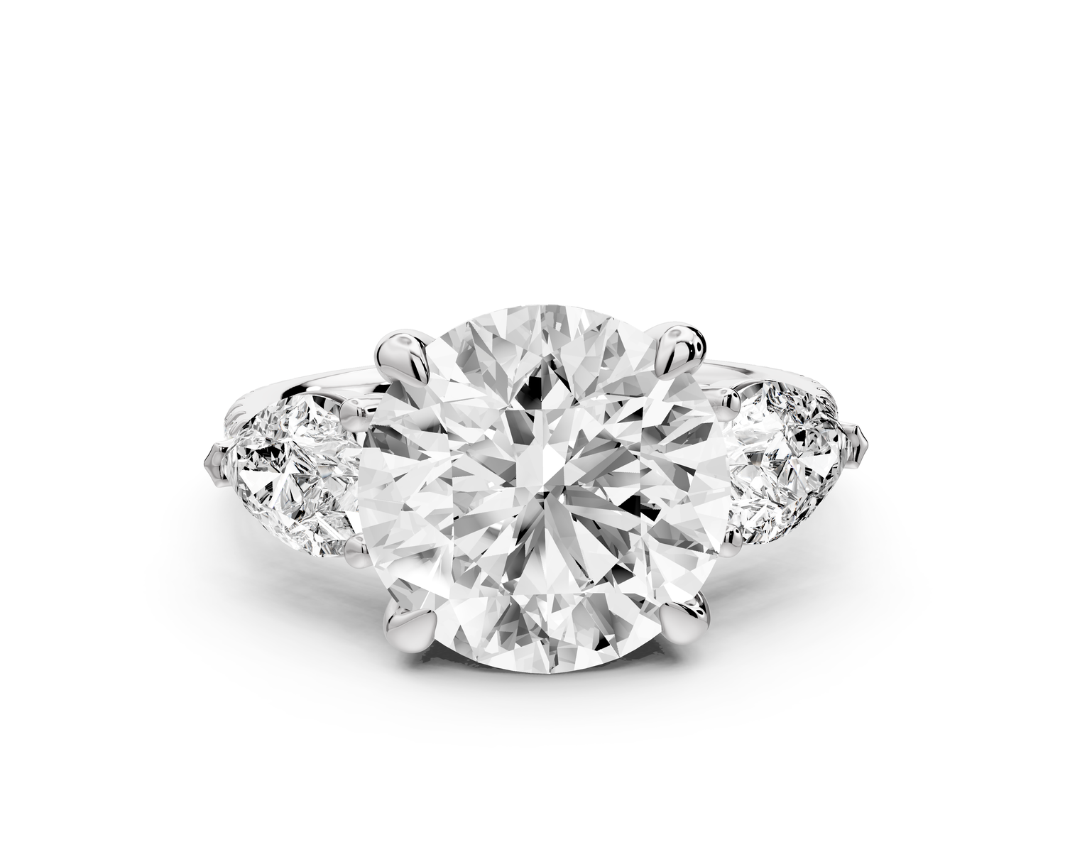 Alma - 4ct 18k white gold round center stone with two pear shaped diamonds and pavé. Three stone oval and pear engagment ring with Pavé