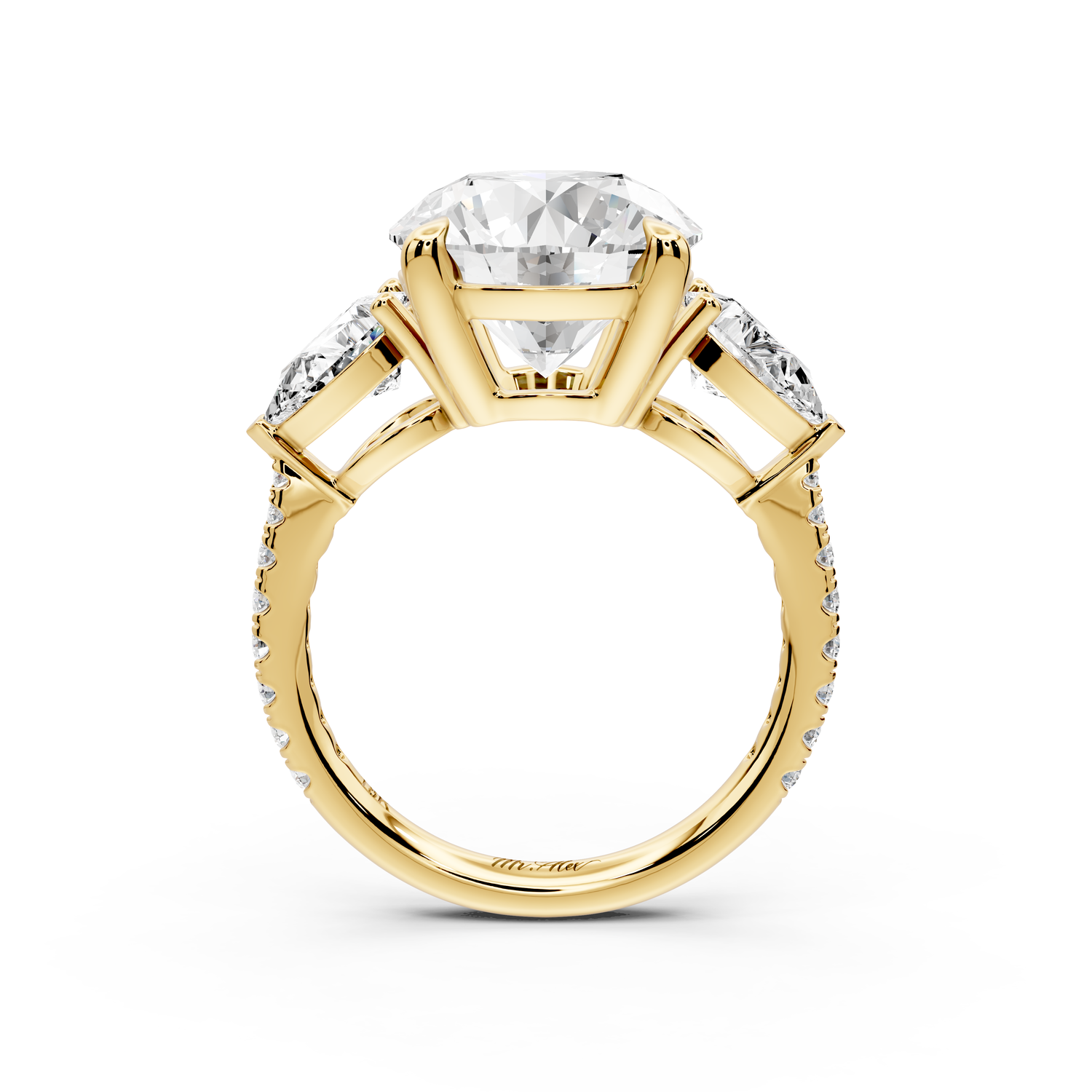 Alma - 4ct 14k yellow gold round center stone with two pear shaped diamonds and Pavé. Three stone oval and pear engagment ring with Pavé