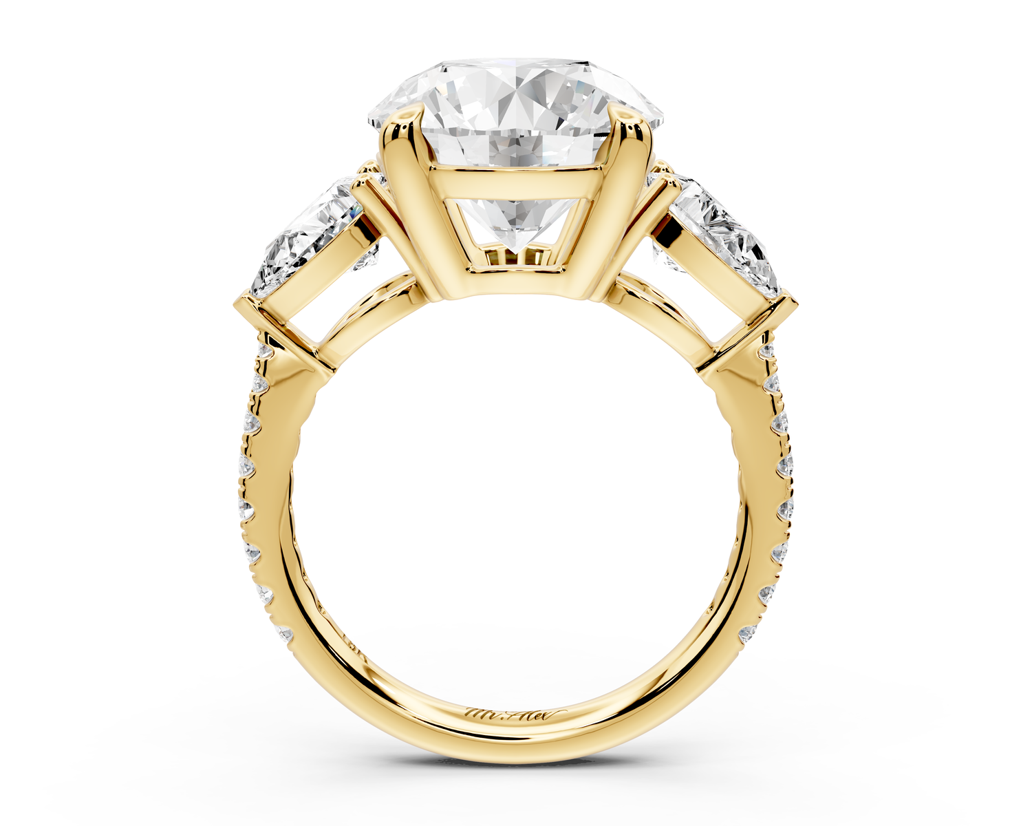 Alma - 4ct 18k yellow gold round center stone with two pear shaped diamonds and pavé. Three stone oval and pear engagment ring with Pavé