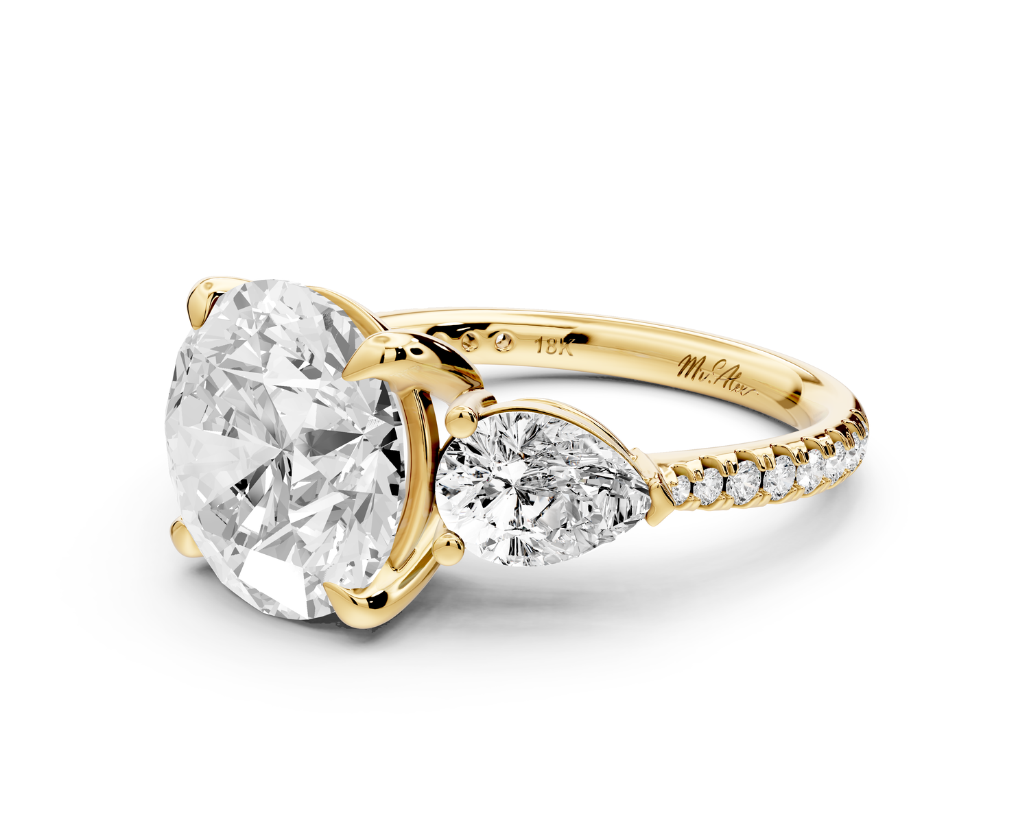 Alma - 4ct 14k yellow gold round center stone with two pear shaped diamonds and pavé. Three stone oval and pear engagment ring with Pavé
