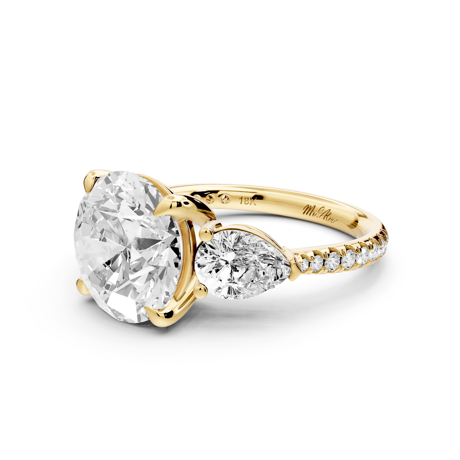 Alma - 4ct 14k yellow gold round center stone with two pear shaped diamonds and pav��. Three stone oval and pear engagment ring with Pav��