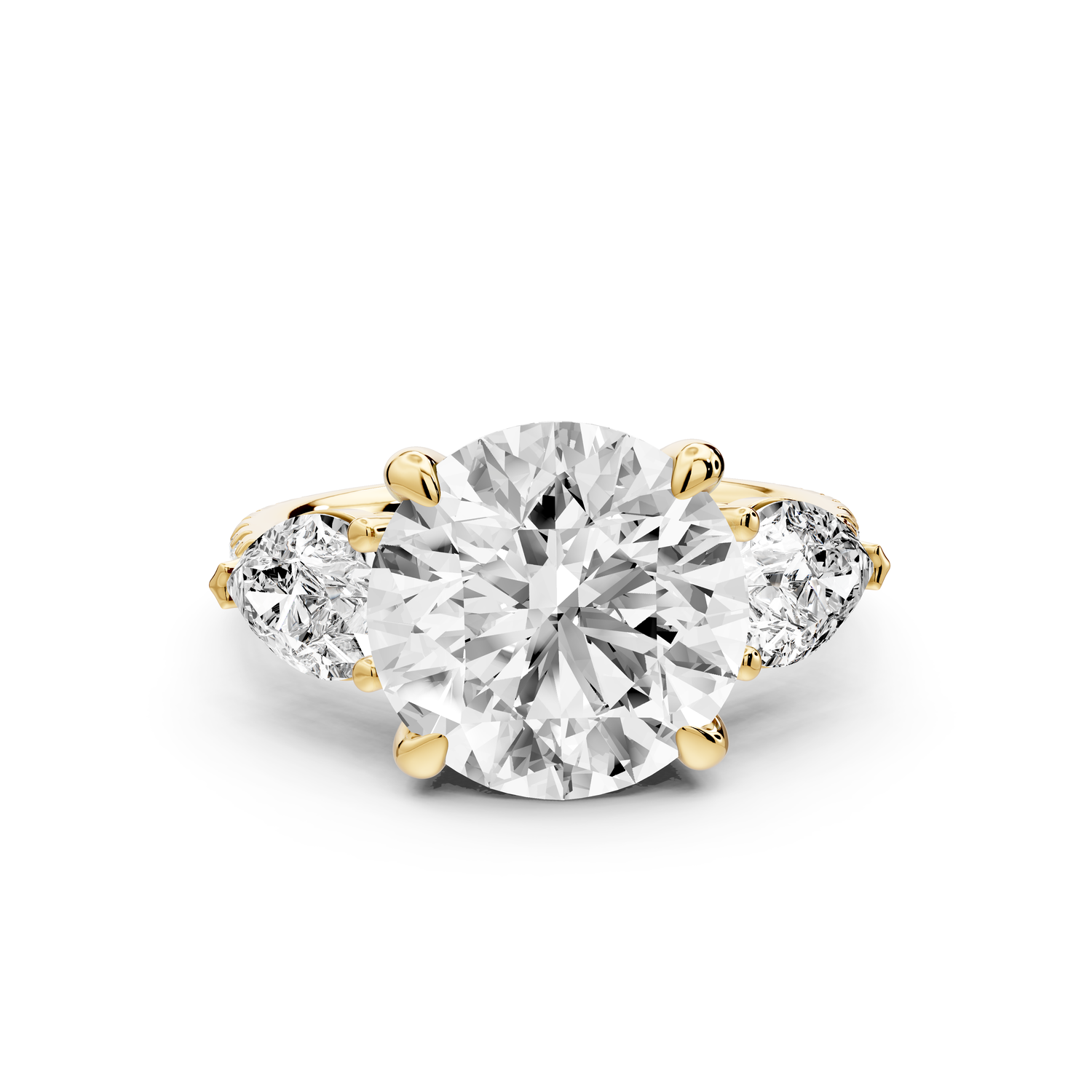 Alma - 4ct 14k yellow gold round center stone with two pear shaped diamonds and pav��. Three stone oval and pear engagment ring with Pav��
