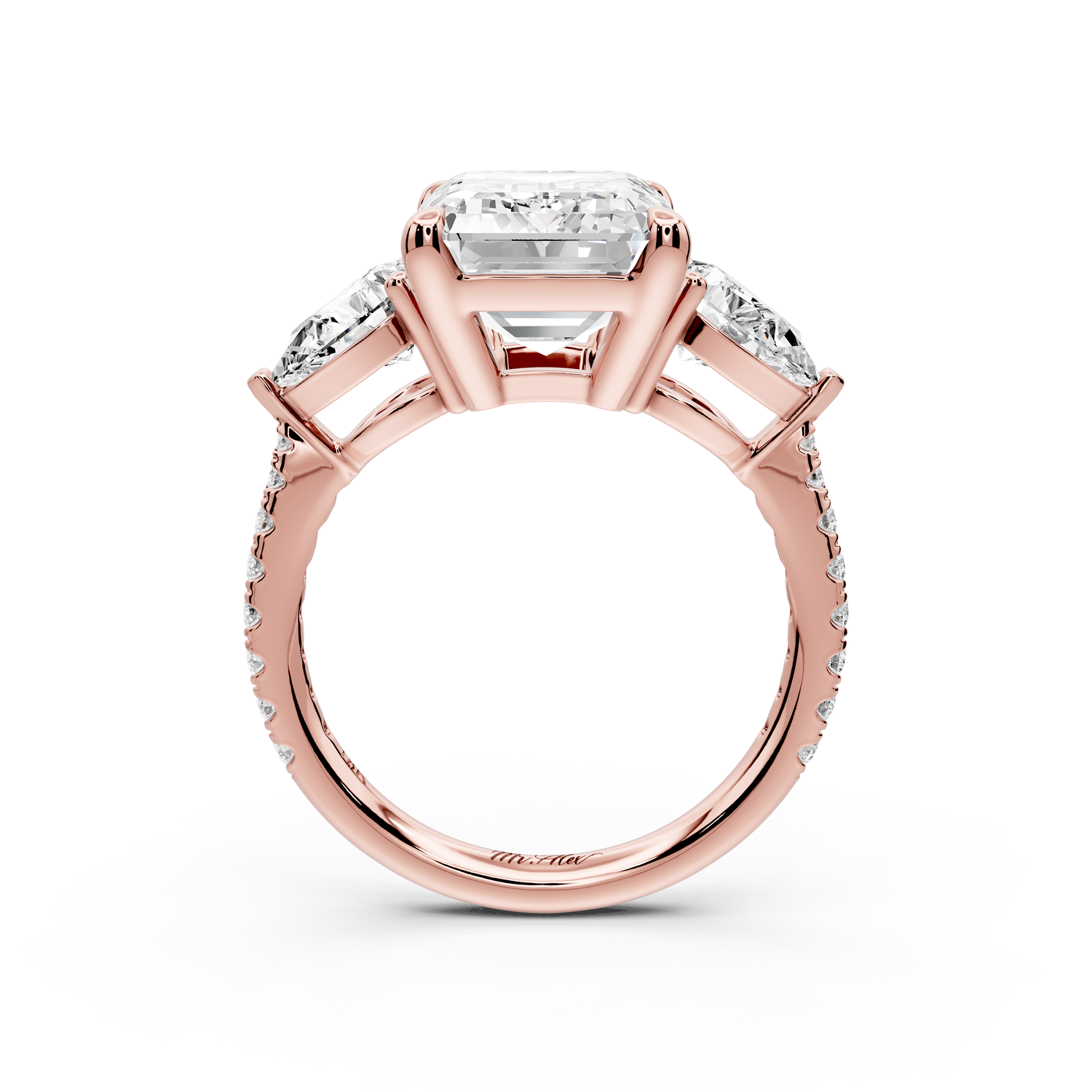Alma - 5ct 14k rose gold emerald center stone with two pear shaped diamonds and pavé. Three stone oval and pear Engagement ring with Pavé