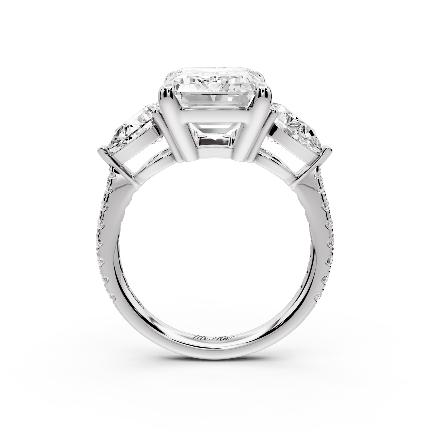 Alma - 5ct 14k white gold emerald center stone with two pear shaped diamonds and pavé. Three stone oval and pear Engagement ring with Pavé