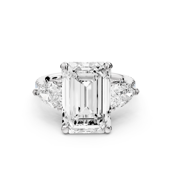 Alma - 5ct 14k white gold emerald center stone with two pear shaped diamonds and pavé. Three stone oval and pear Engagement ring with Pavé