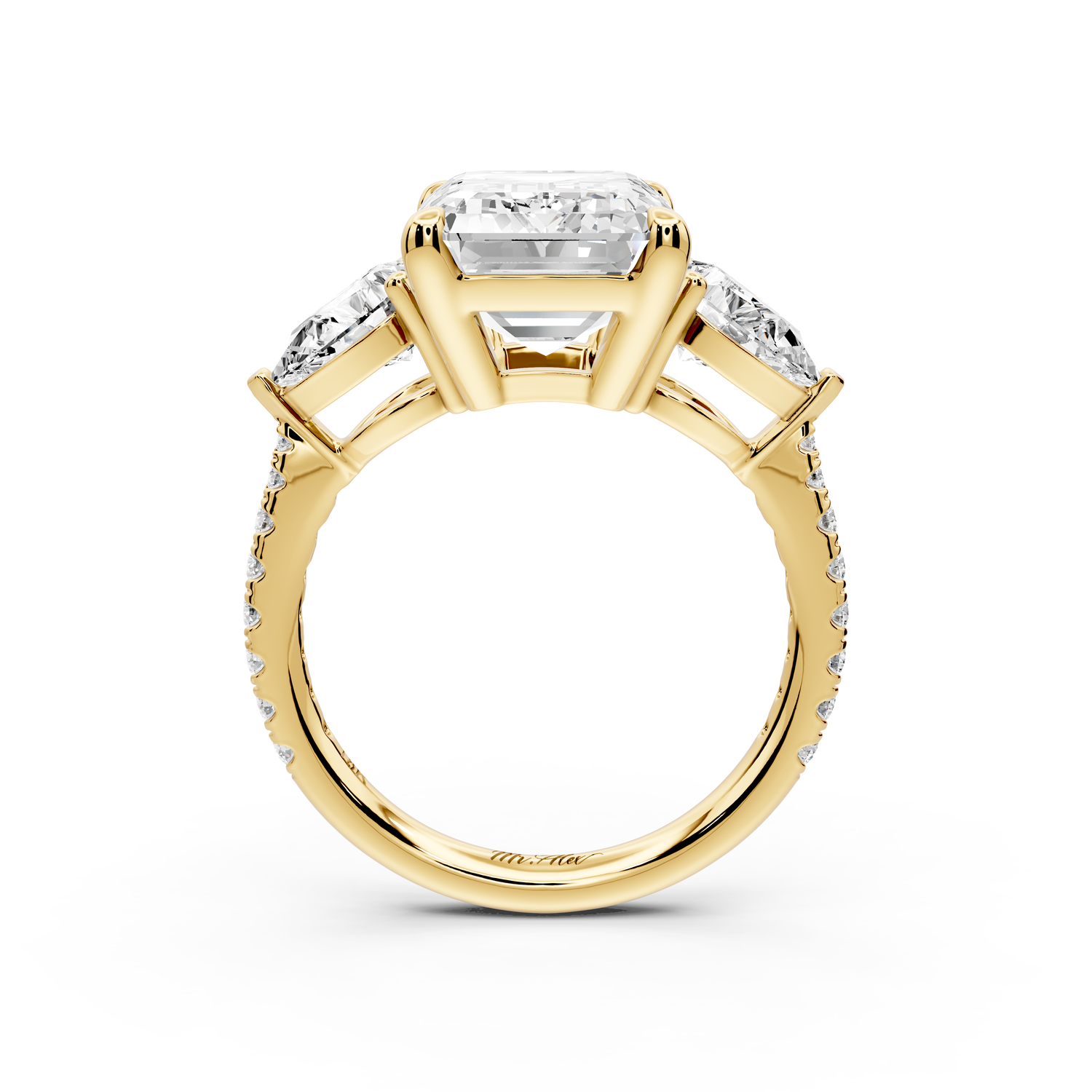 Alma - 5ct 14k yellow gold emerald center stone with two pear shaped diamonds and pavé. Three stone oval and pear Engagement ring with Pavé