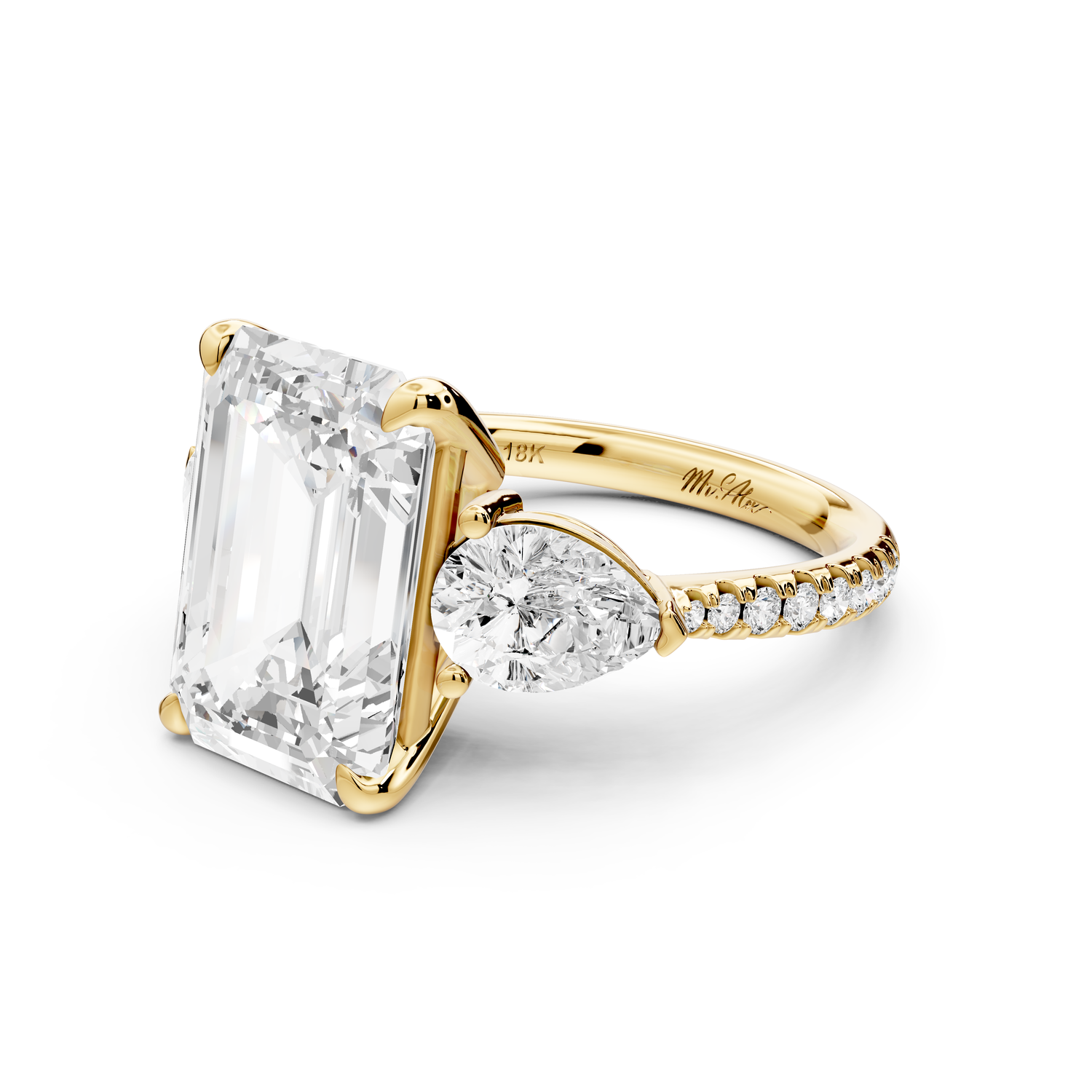 Alma - 5ct 14k yellow gold emerald center stone with two pear shaped diamonds and pavé. Three stone oval and pear Engagement ring with Pavé