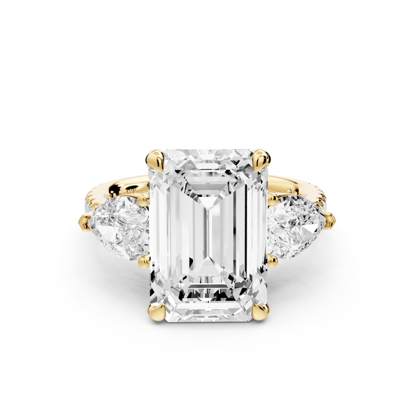 Alma - 5ct 14k yellow gold emerald center stone with two pear shaped diamonds and pavé. Three stone oval and pear Engagement ring with Pavé