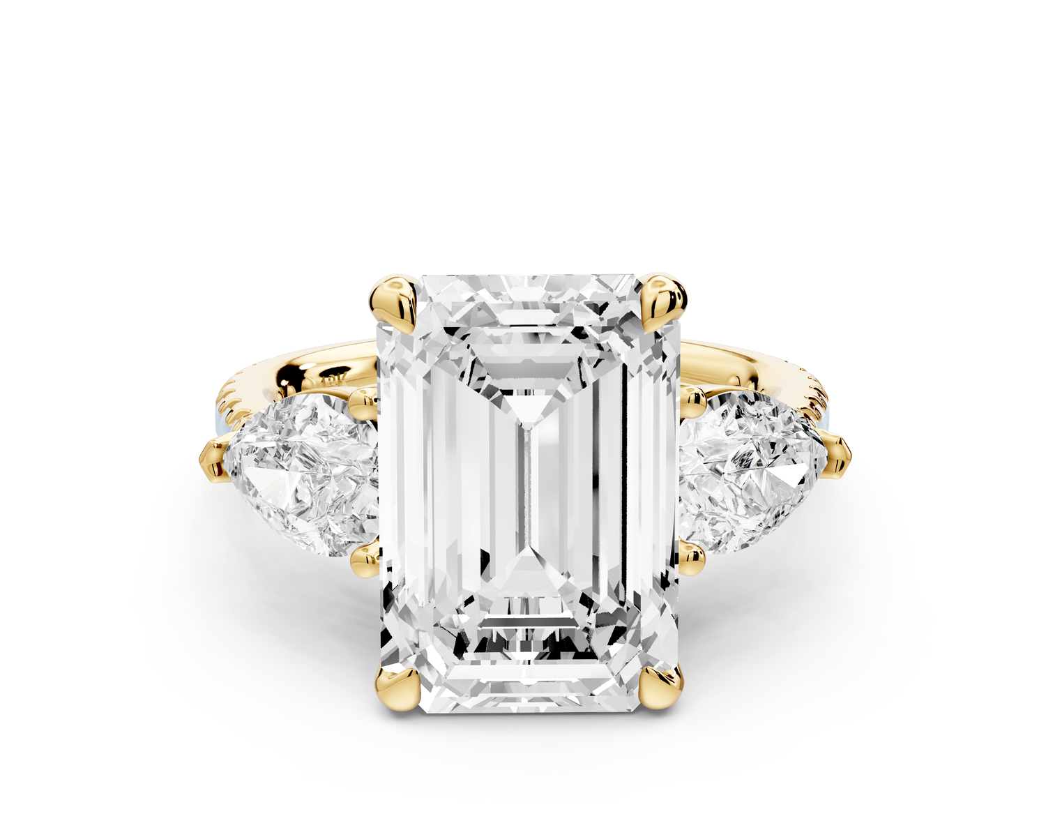Alma - 5ct 18k yellow gold emerald center stone with two pear shaped diamonds and pavé. Three stone oval and pear Engagement ring with Pavé
