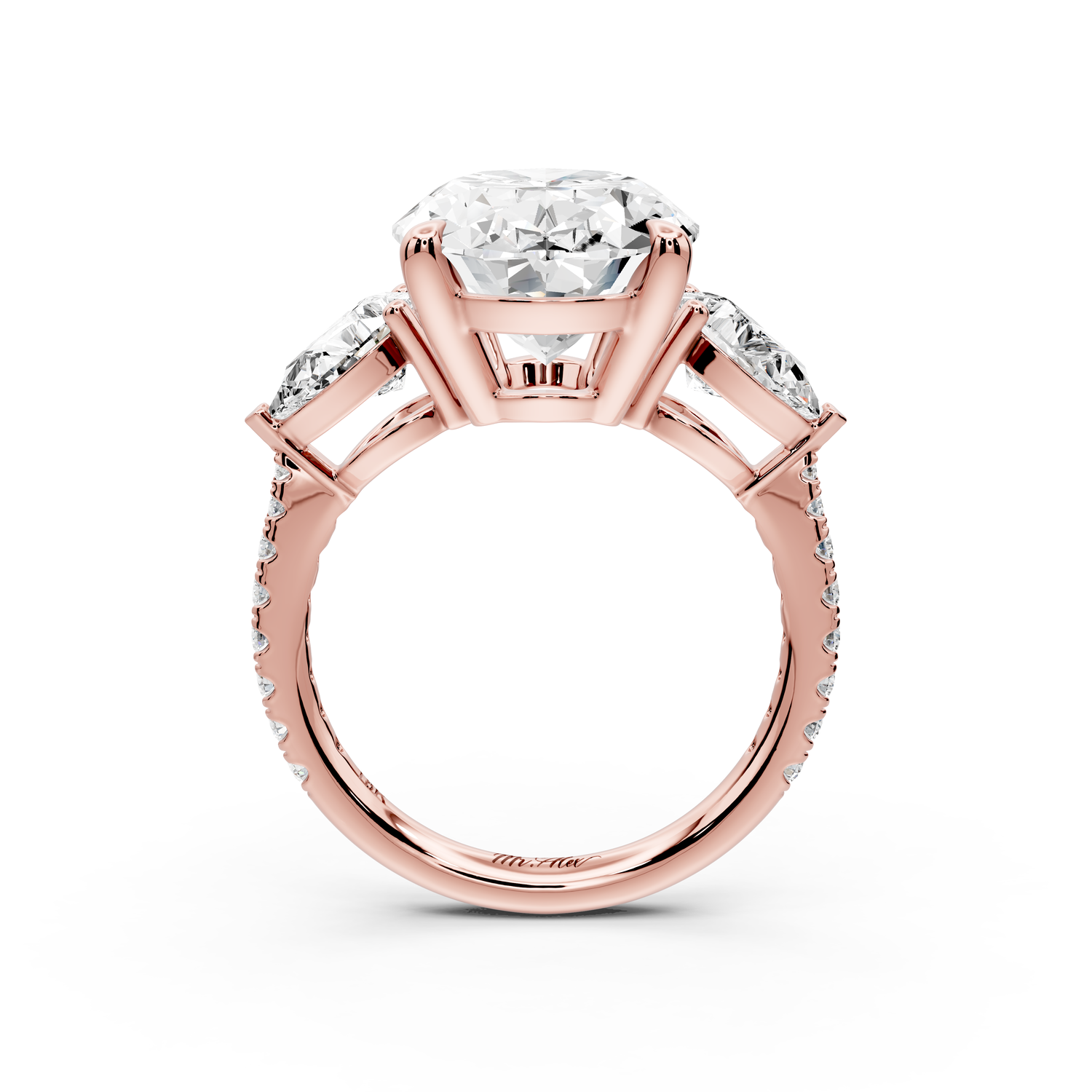 Alma - 5ct 14k rose gold oval center stone with two pear shaped diamonds and pavé. Three stone oval and pear Engagement ring with Pavé