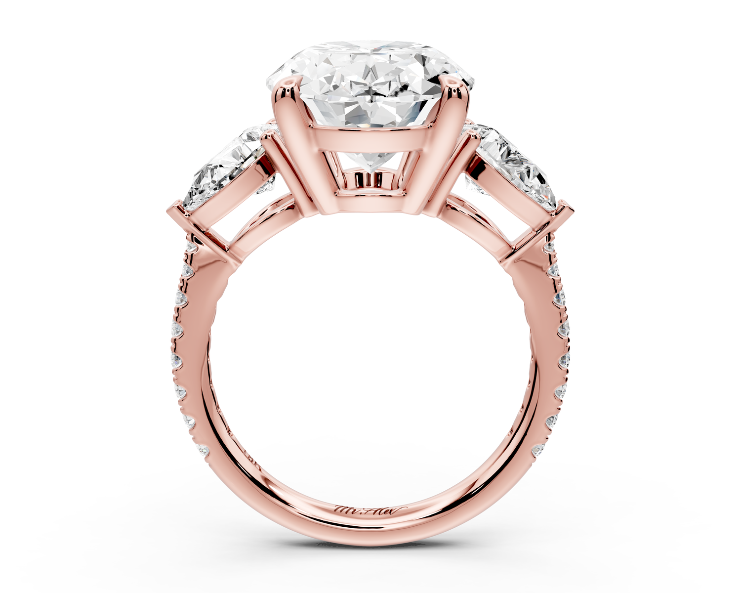 Alma - 5ct 18k rose gold oval center stone with two pear shaped diamonds and pavé. Three stone oval and pear Engagement ring with Pavé