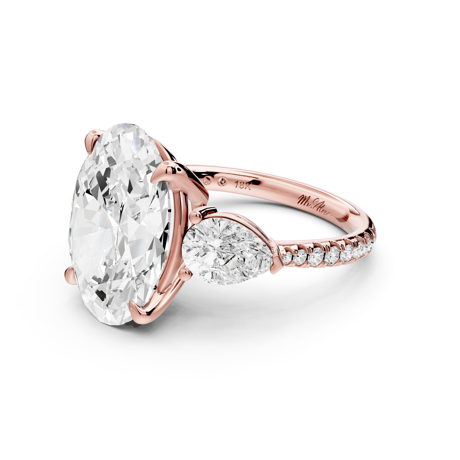 Alma - 5ct 14k rose gold oval center stone with two pear shaped diamonds and pavé. Three stone oval and pear Engagement ring with Pavé