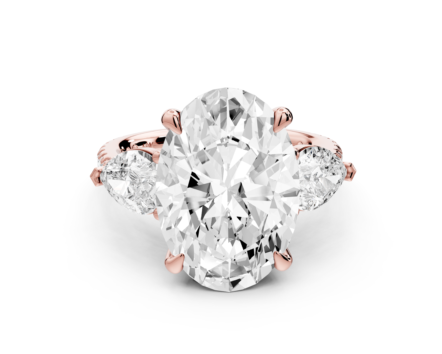 Alma - 5ct 14k rose gold oval center stone with two pear shaped diamonds and pavé. Three stone oval and pear Engagement ring with Pavé