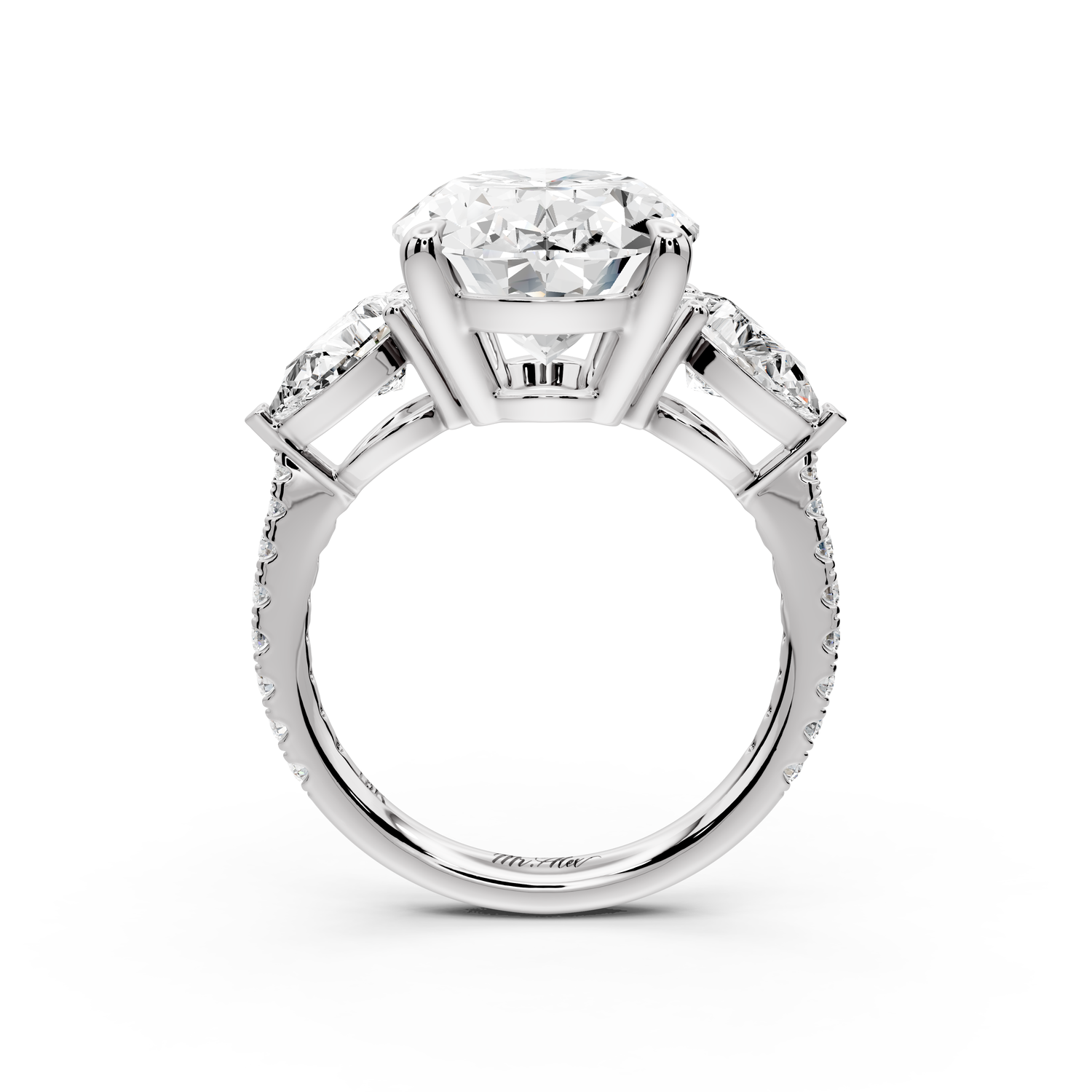 Alma - 5ct 14k white gold oval center stone with two pear shaped diamonds and pavé. Three stone oval and pear Engagement ring with Pavé