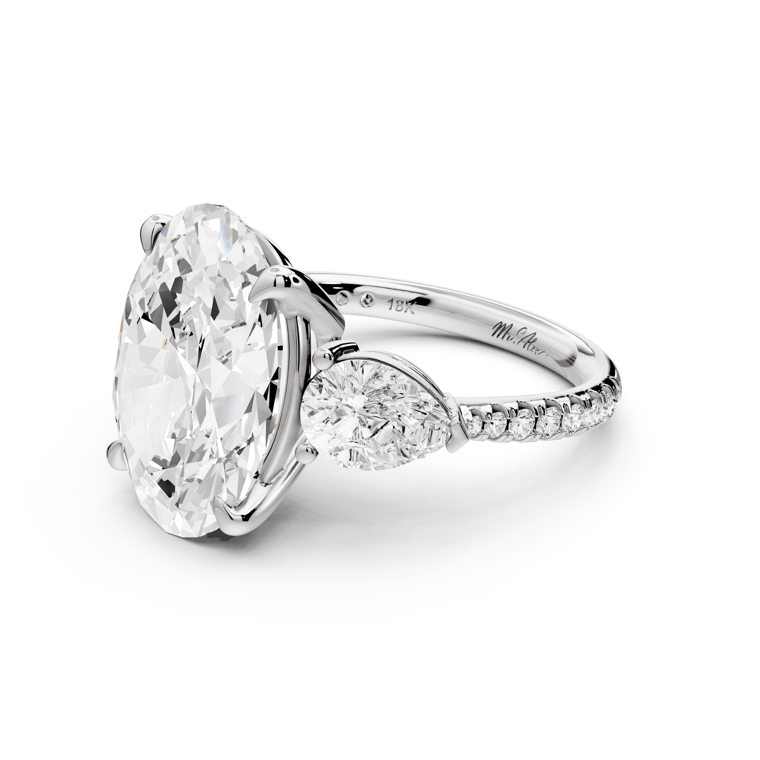Alma - 5ct 14k white gold oval center stone with two pear shaped diamonds and pavé. Three stone oval and pear Engagement ring with Pavé