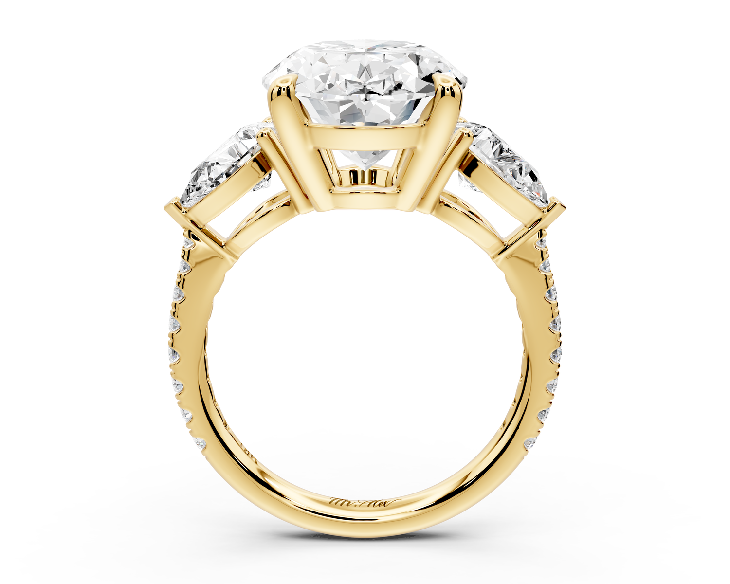 Alma - 5ct 14k yellow gold oval center stone with two pear shaped diamonds and pavé. Three stone oval and pear Engagement ring with Pavé