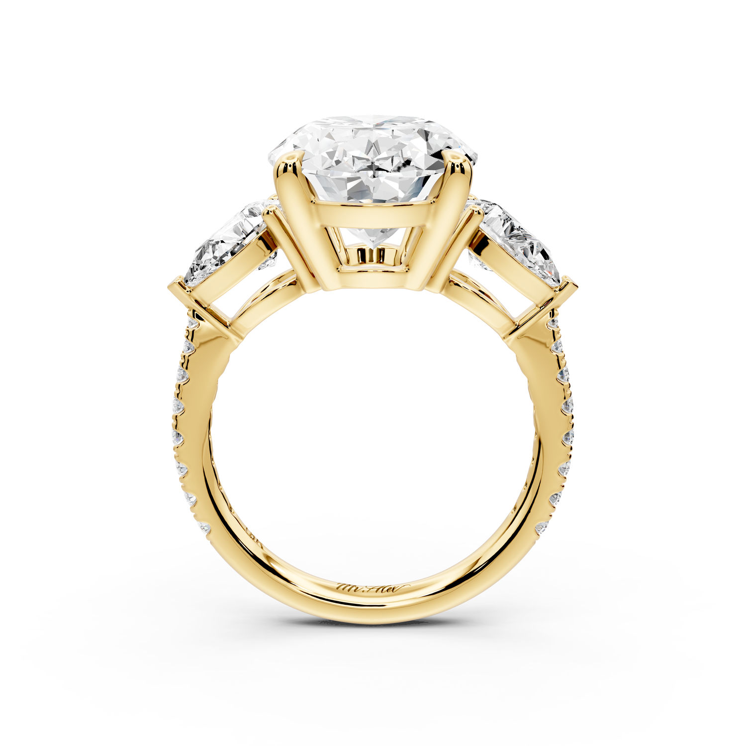 Alma - 5ct 14k yellow gold oval center stone with two pear shaped diamonds and pavé. Three stone oval and pear Engagement ring with Pavé