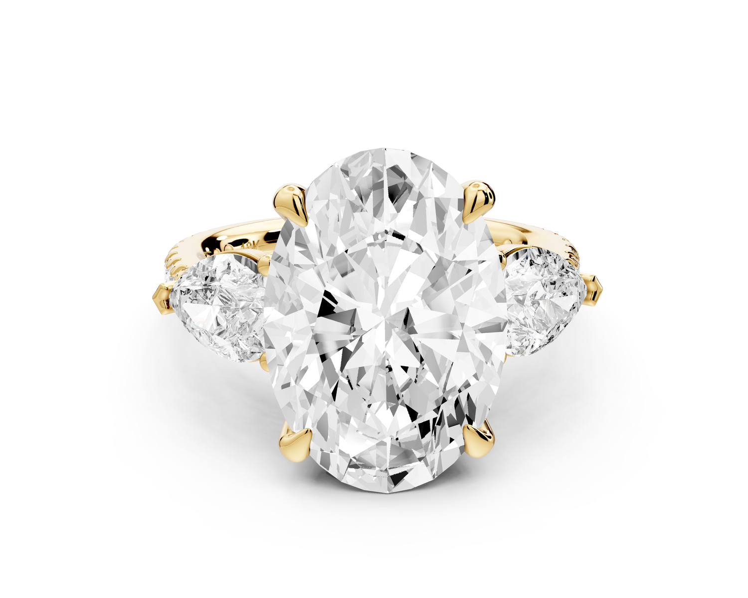 Alma - 5ct 14k yellow gold oval center stone with two pear shaped diamonds and pavé. Three stone oval and pear Engagement ring with Pavé