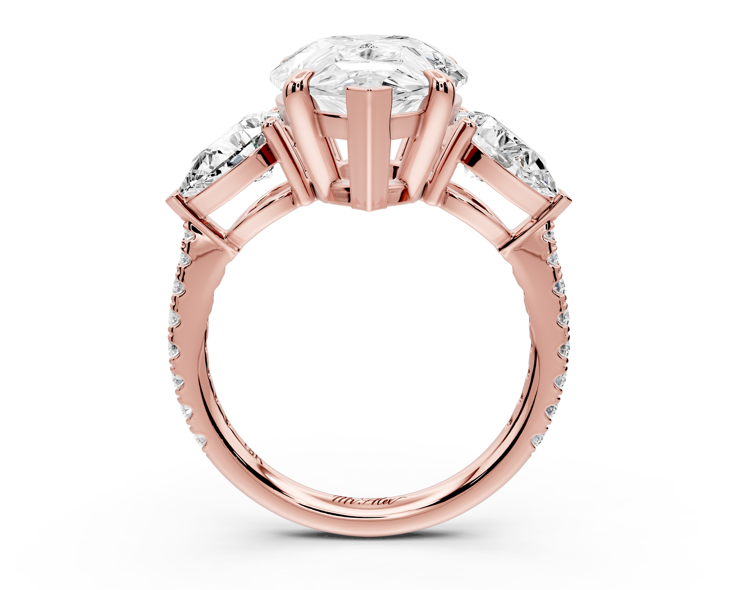 Alma - 5ct 14k rose gold pear center stone with two pear shaped diamonds and pavé. Three stone oval and pear Engagement ring with Pavé