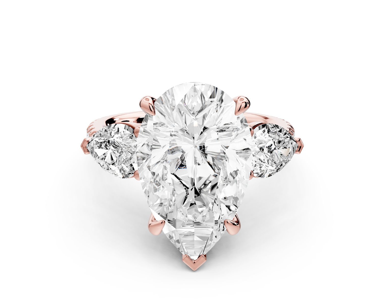 Alma - 5ct 18k rose gold pear center stone with two pear shaped diamonds and pavé. Three stone oval and pear Engagement ring with Pavé