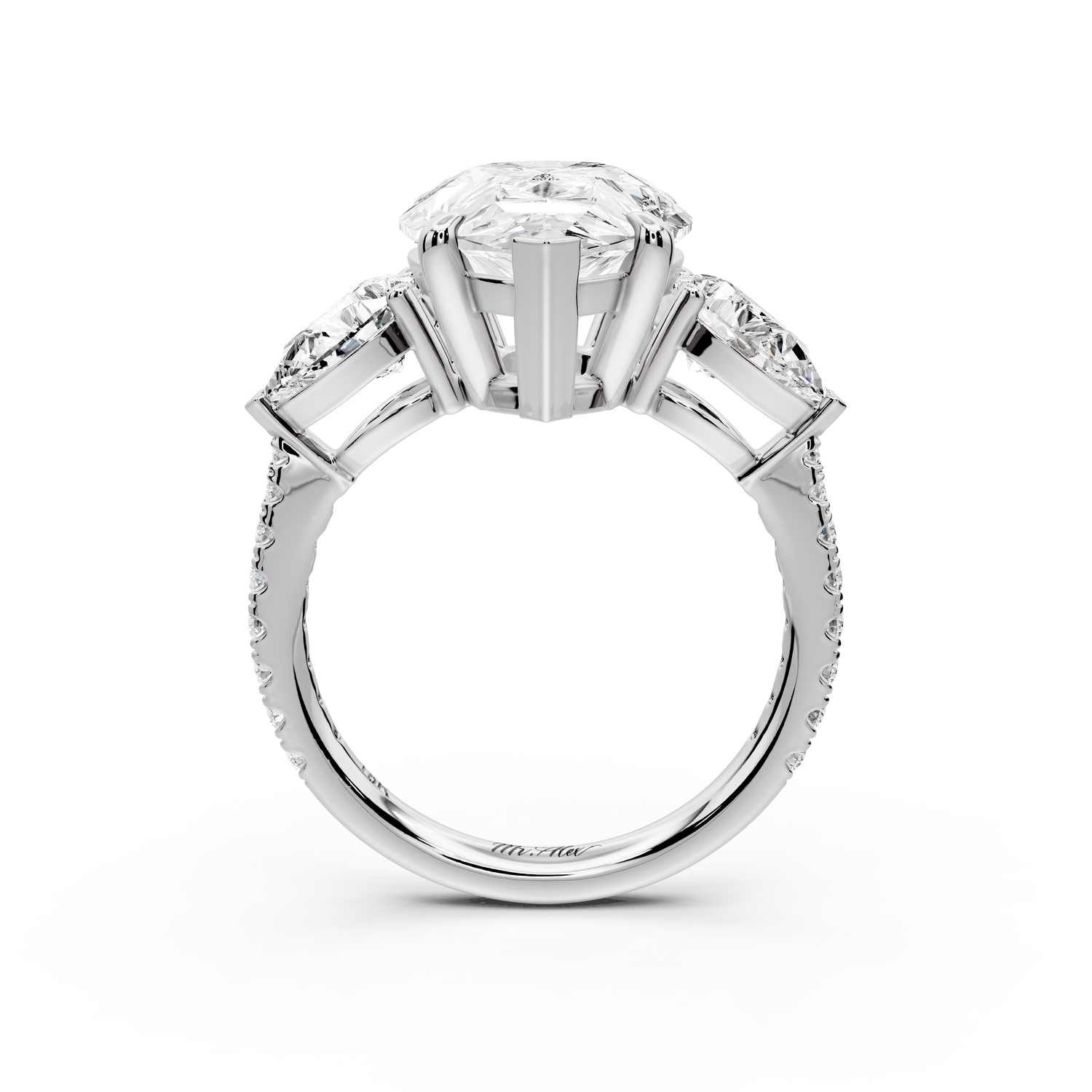 Alma - 5ct 14k white gold pear center stone with two pear shaped diamonds and pavé. Three stone oval and pear Engagement ring with Pavé