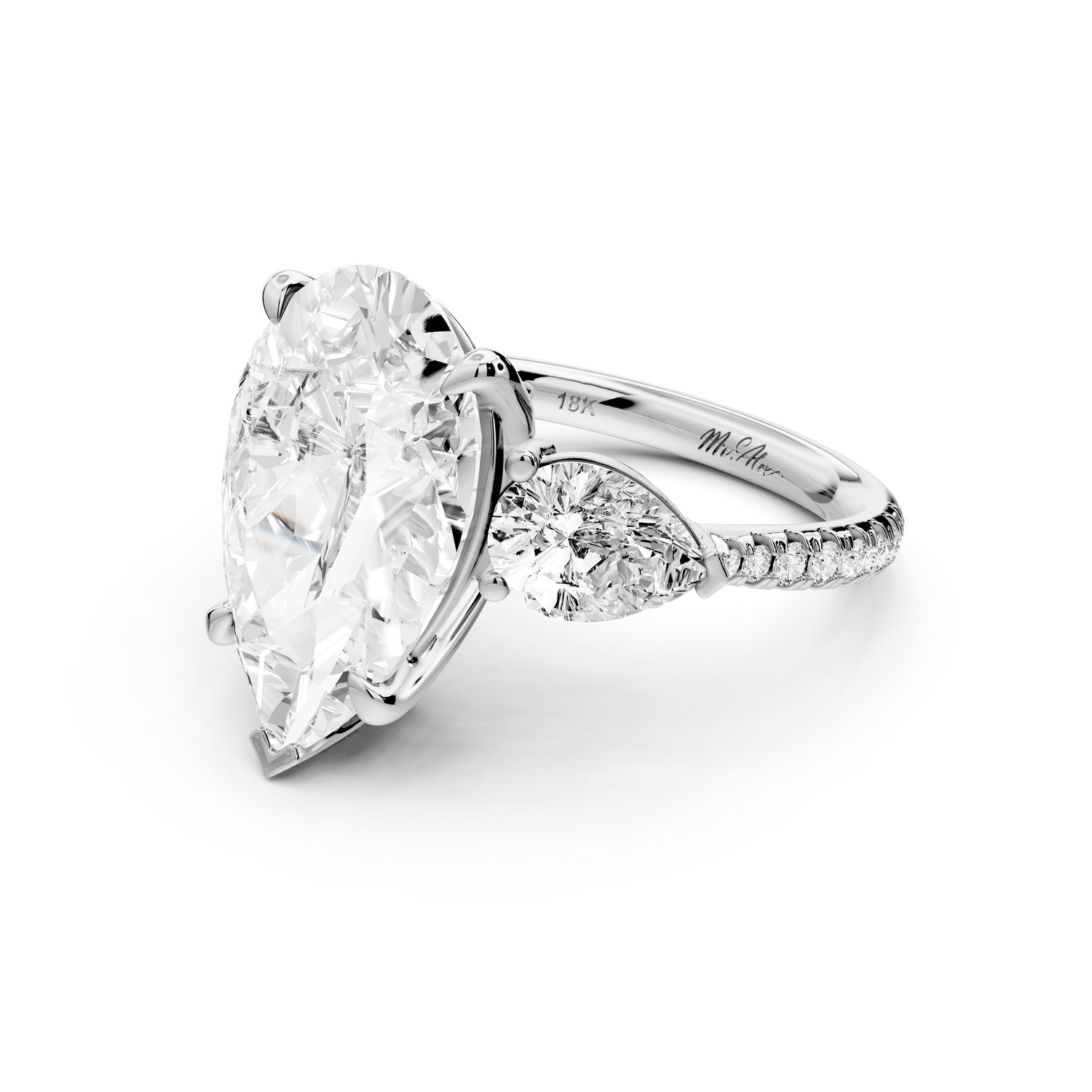Alma - 5ct 14k white gold pear center stone with two pear shaped diamonds and pavé. Three stone oval and pear Engagement ring with Pavé