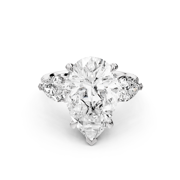 Alma - 5ct 14k white gold pear center stone with two pear shaped diamonds and pavé. Three stone oval and pear Engagement ring with Pavé