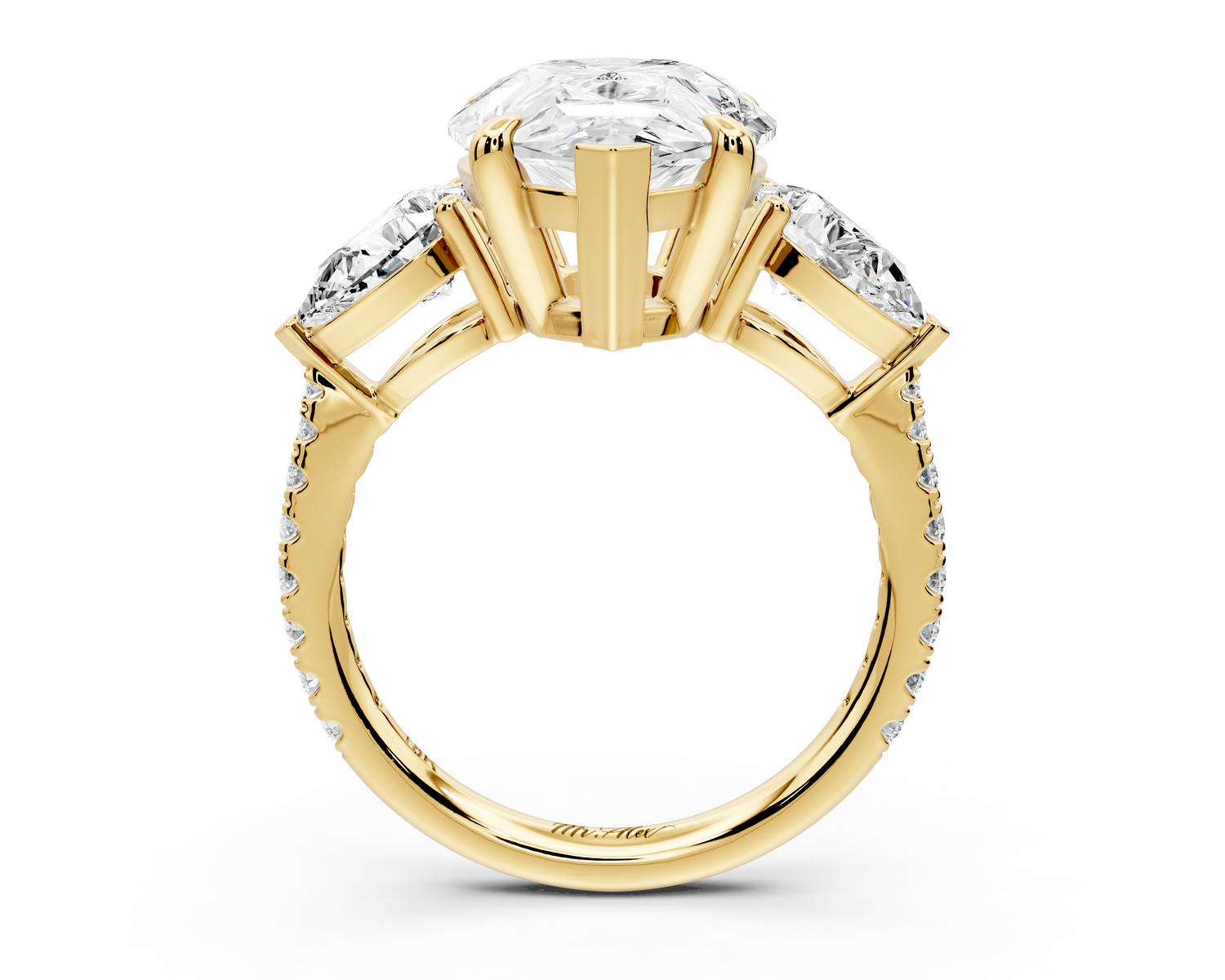 Alma - 5ct 14k yellow gold pear center stone with two pear shaped diamonds and pavé. Three stone oval and pear Engagement ring with Pavé