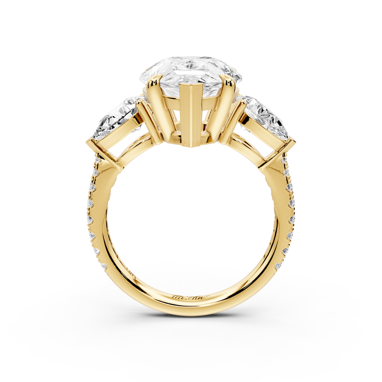 Alma - 5ct 14k yellow gold pear center stone with two pear shaped diamonds and pavé. Three stone oval and pear Engagement ring with Pavé
