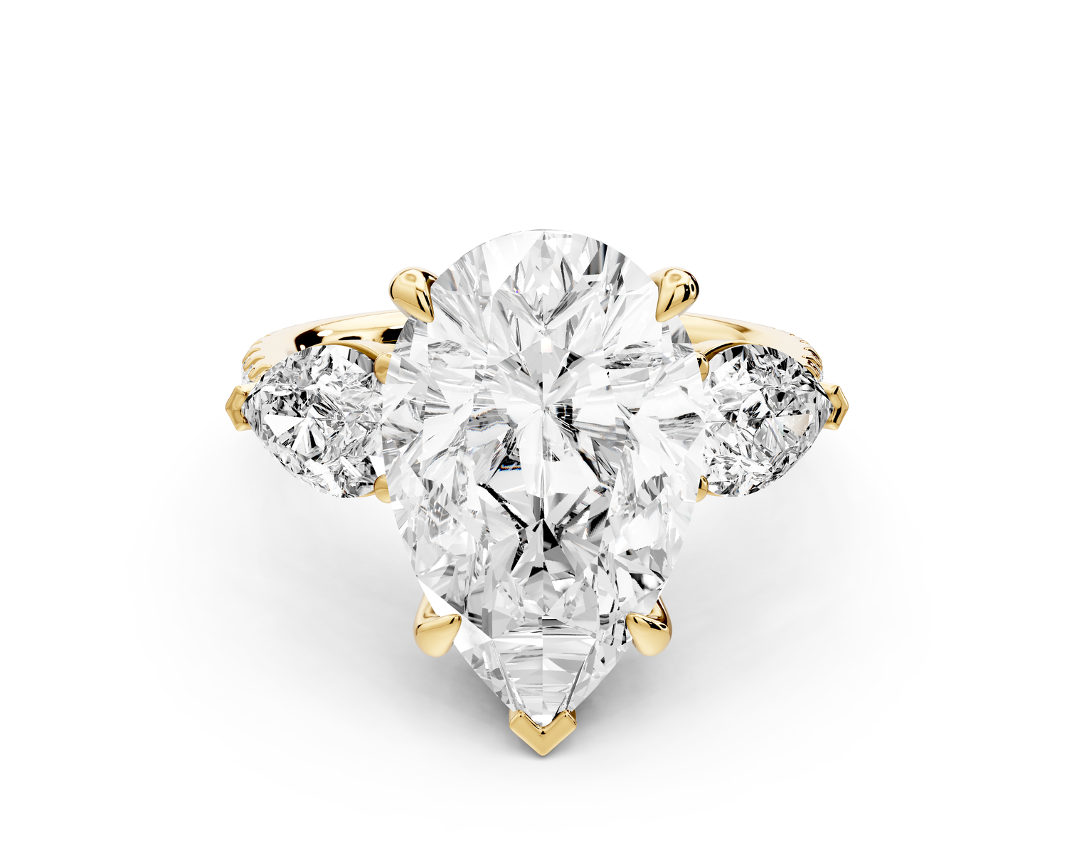 Alma - 5ct 14k yellow gold pear center stone with two pear shaped diamonds and pavé. Three stone oval and pear Engagement ring with Pavé