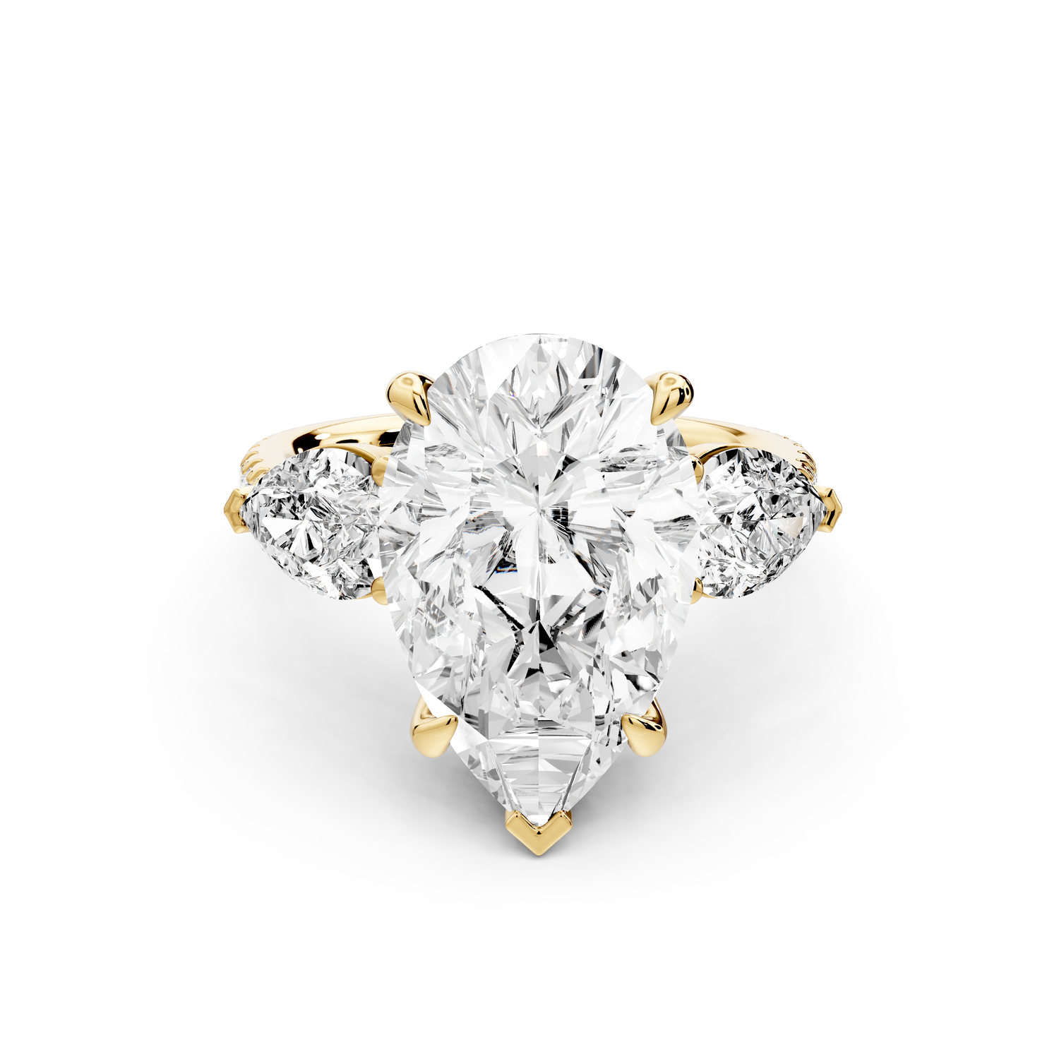 Alma - 5ct 14k yellow gold pear center stone with two pear shaped diamonds and pavé. Three stone oval and pear Engagement ring with Pavé