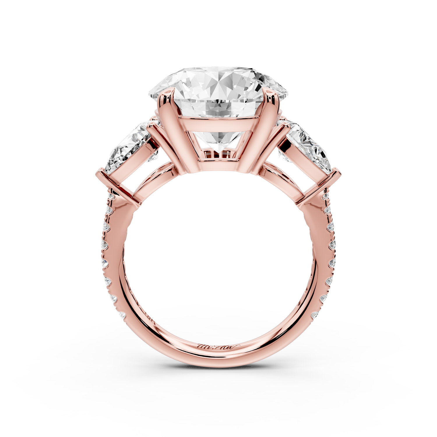 Alma - 5ct 18k rose gold round center stone with two pear shaped diamonds and Pavé. Three stone oval and pear engagment ring with Pavé