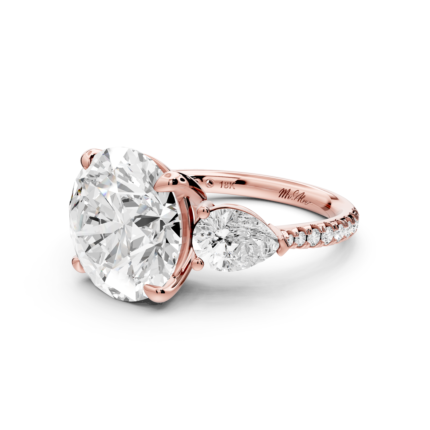 Alma - 5ct 14k rose gold round center stone with two pear shaped diamonds and pav��. Three stone oval and pear engagment ring with Pav��
