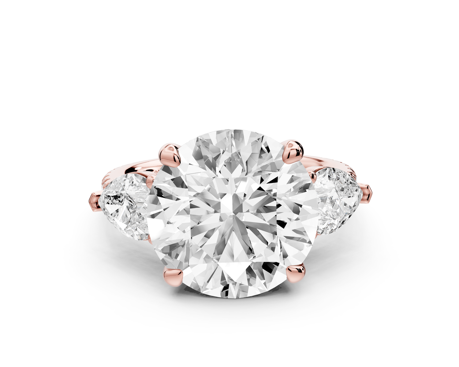 Alma - 5ct 18k rose gold round center stone with two pear shaped diamonds and pavé. Three stone oval and pear engagment ring with Pavé