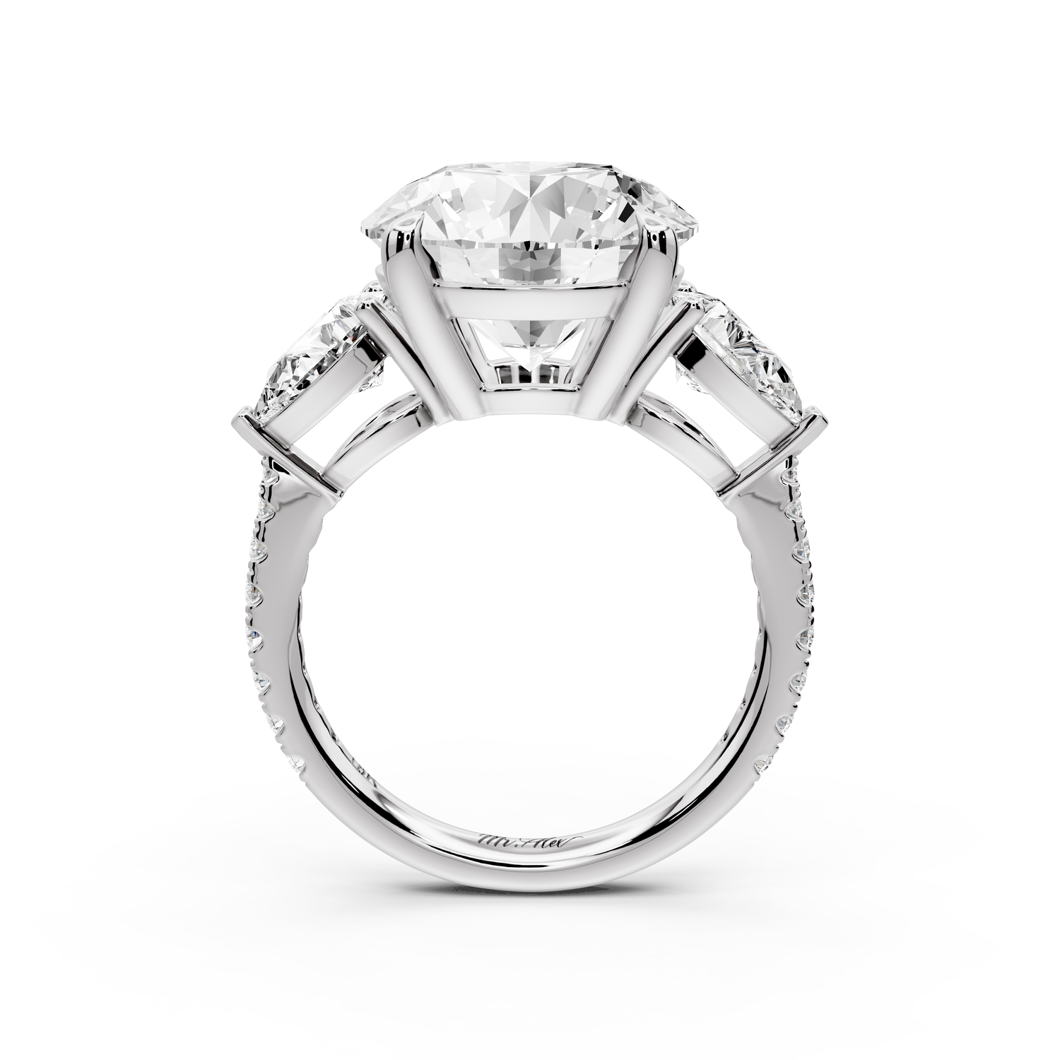 Alma - 5ct 14k white gold round center stone with two pear shaped diamonds and Pavé. Three stone oval and pear engagment ring with Pavé