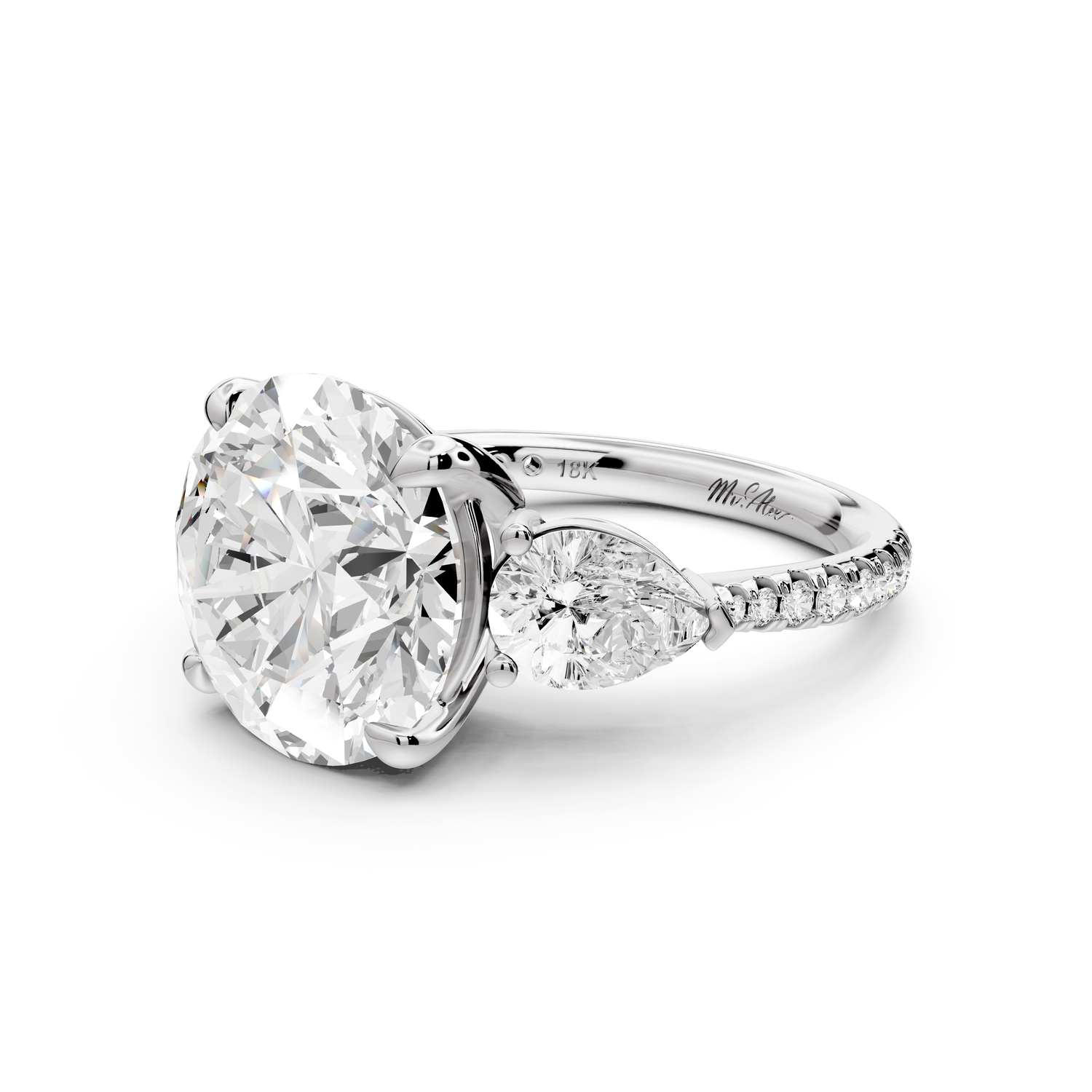 Alma - 5ct 14k white gold round center stone with two pear shaped diamonds and pav��. Three stone oval and pear engagment ring with Pav��