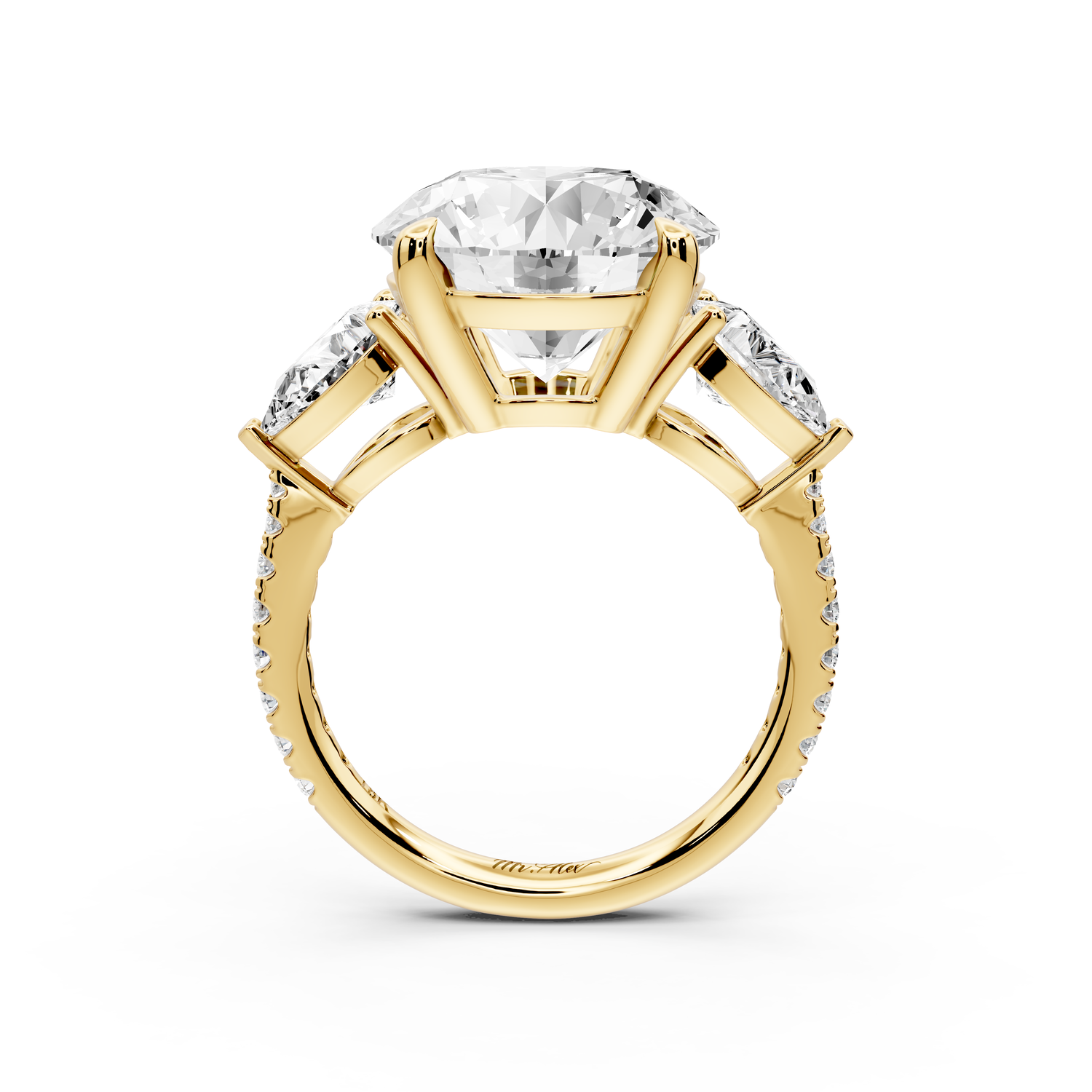 Alma - 5ct 14k yellow gold round center stone with two pear shaped diamonds and Pavé. Three stone oval and pear engagment ring with Pavé
