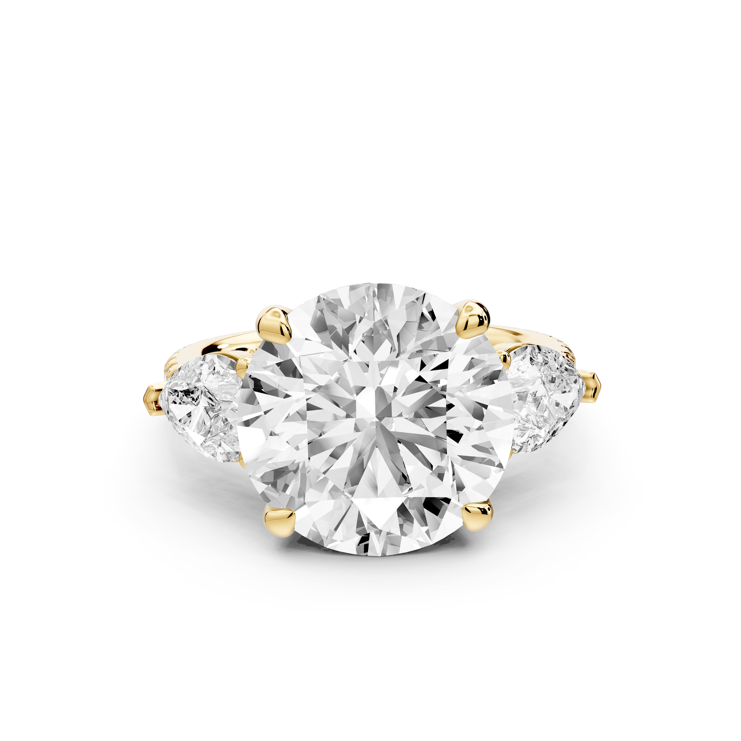 Alma - 5ct 14k yellow gold round center stone with two pear shaped diamonds and pav��. Three stone oval and pear engagment ring with Pav��