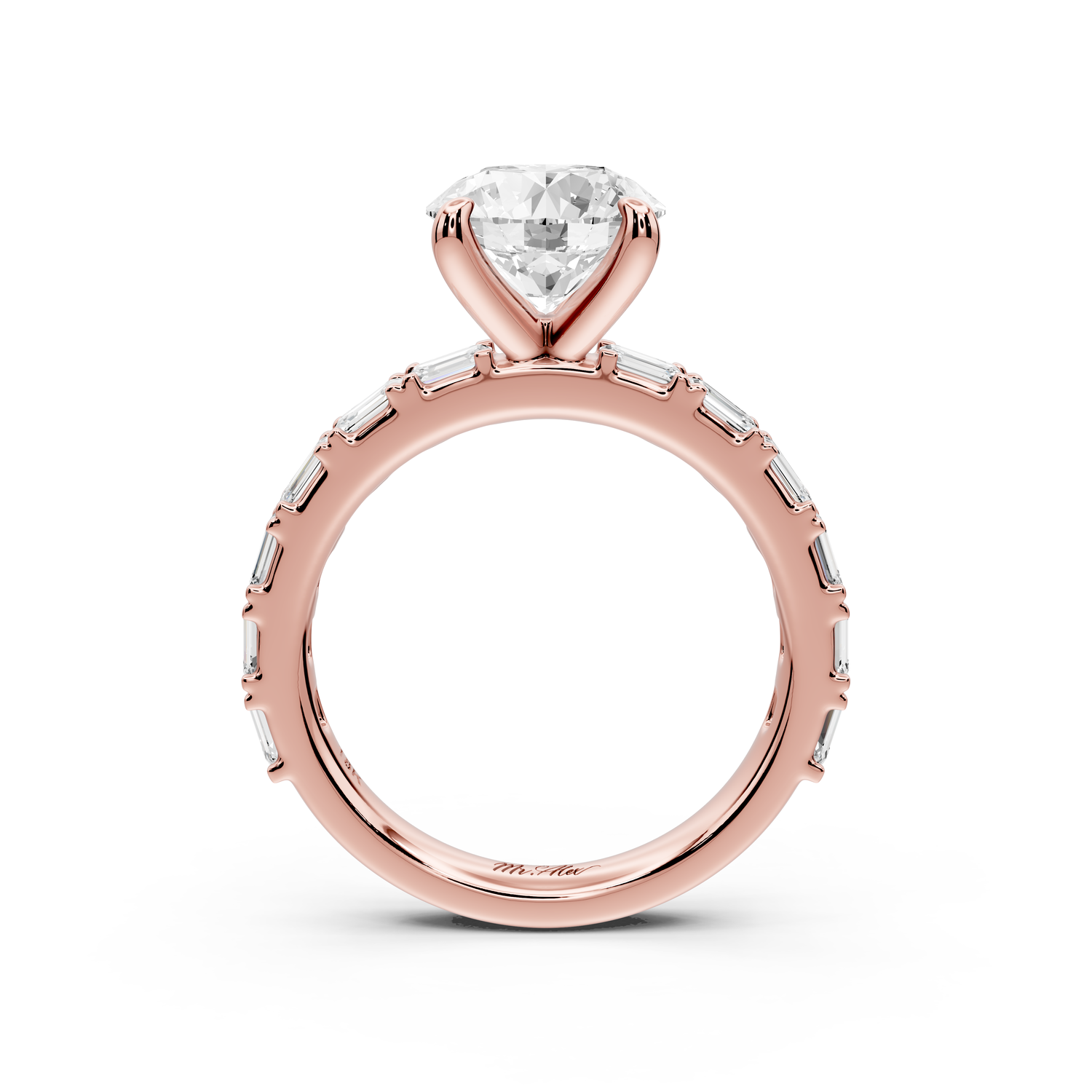 Nadia - 2ct 14k rose gold round diamond with east-west emerald cut accent stones engagement ring