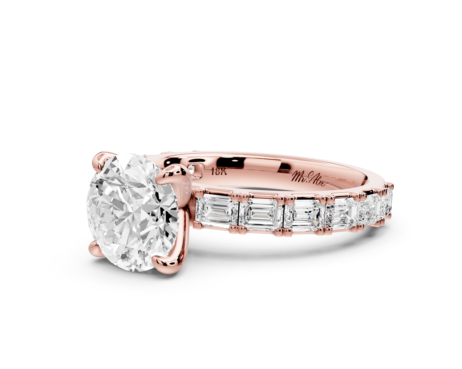 Nadia - 2ct 14k rose gold round diamond with east-west emerald cut accent stones engagement ring