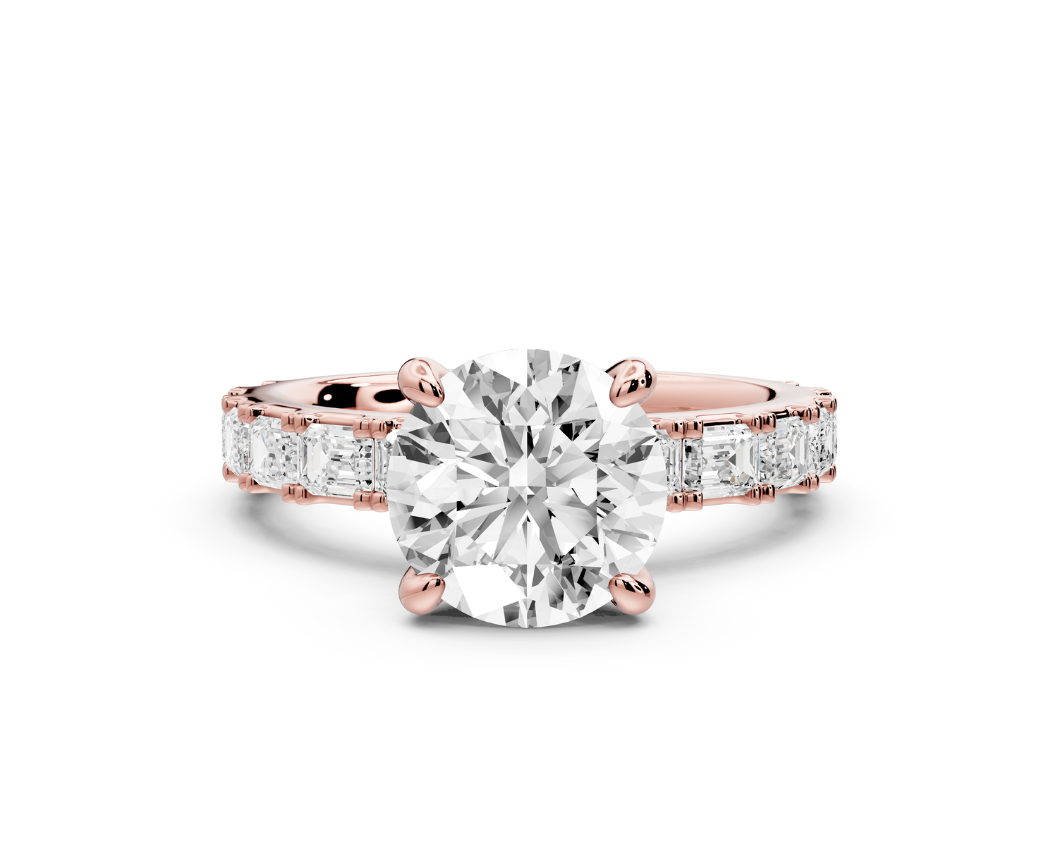 Nadia - 2ct 14k rose gold round diamond with east-west emerald cut accent stones engagement ring