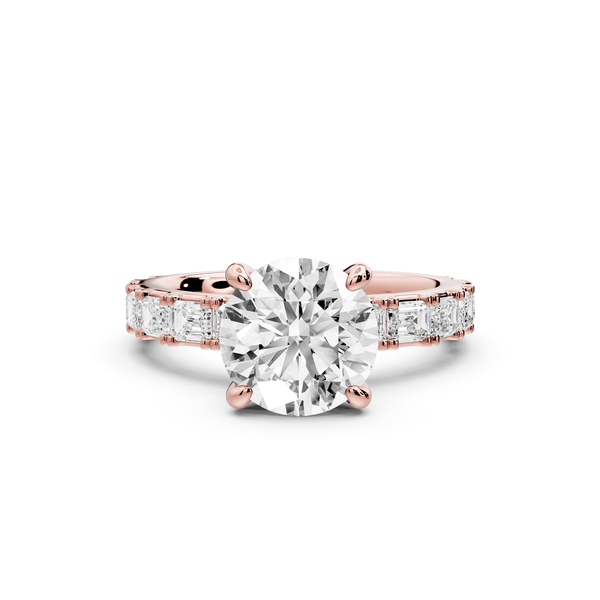 Nadia - 2ct 14k rose gold round diamond with east-west emerald cut accent stones engagement ring