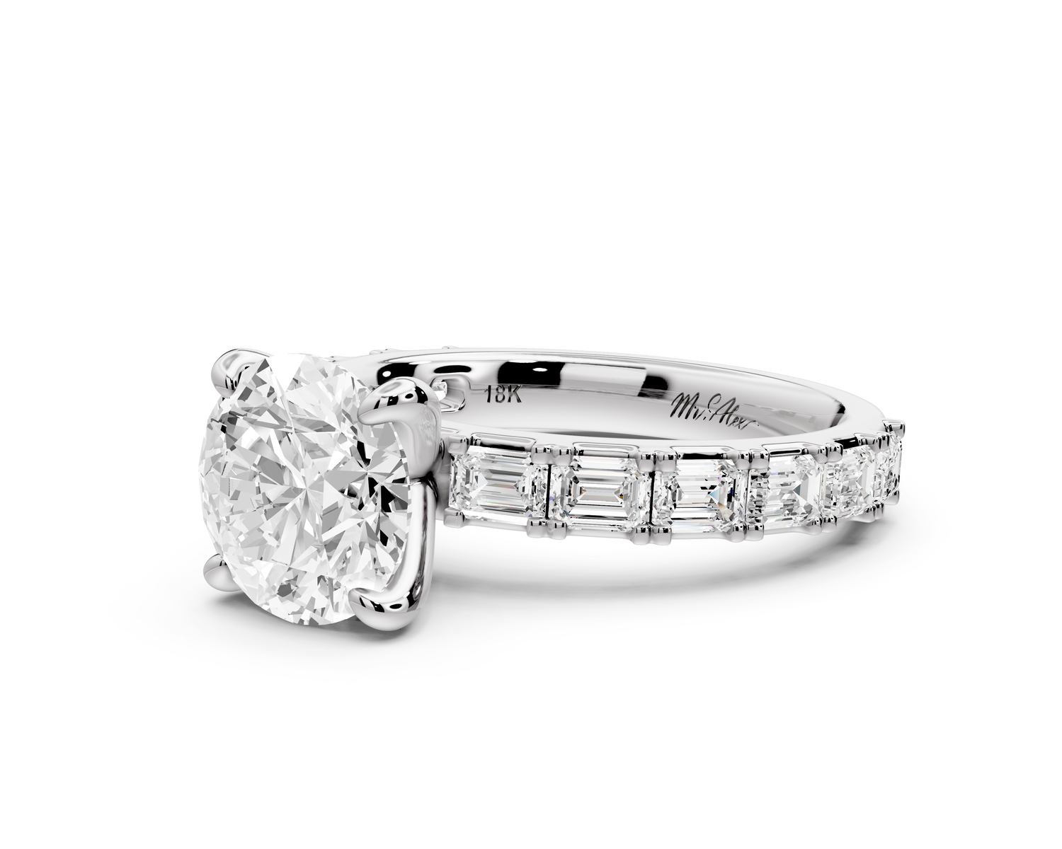 Nadia - 2ct 14k white gold round diamond with east-west emerald cut accent stones engagement ring