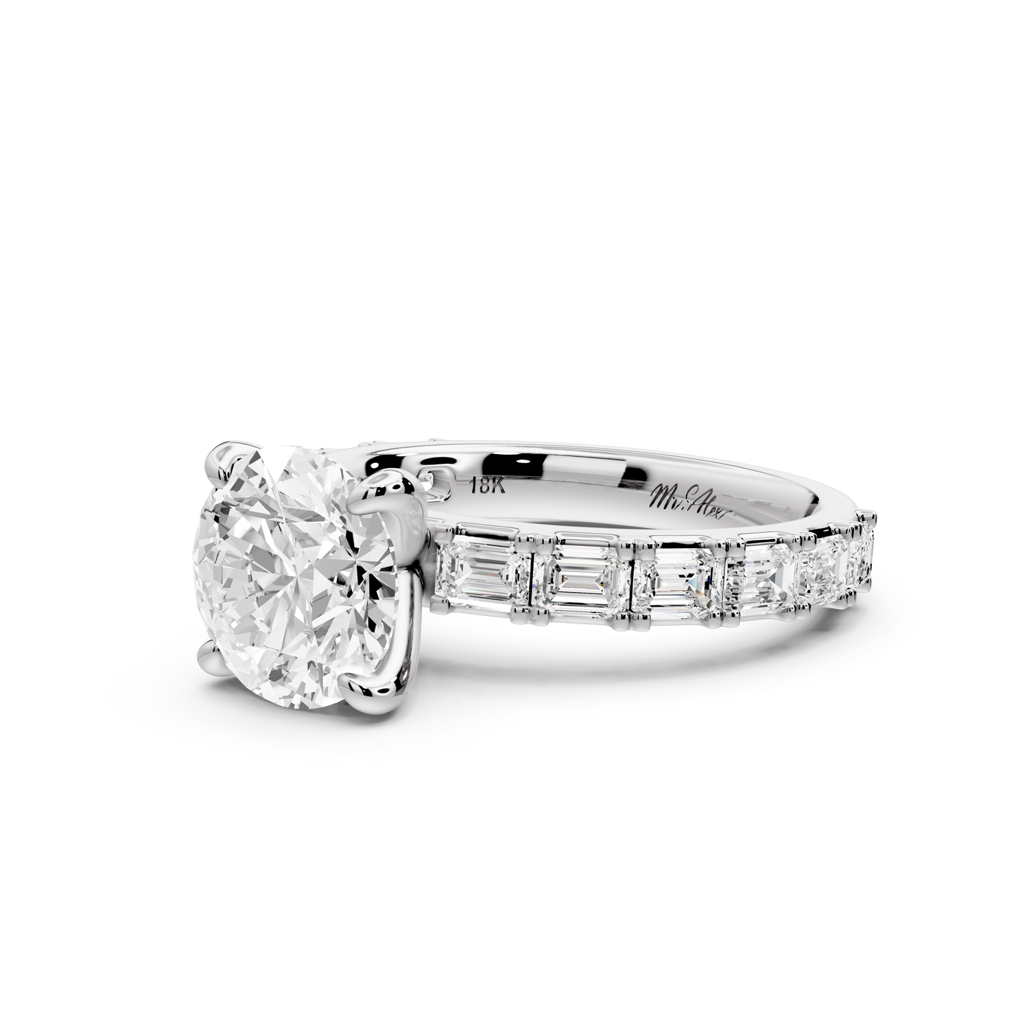 Nadia - 2ct 14k white gold round diamond with east-west emerald cut accent stones engagement ring