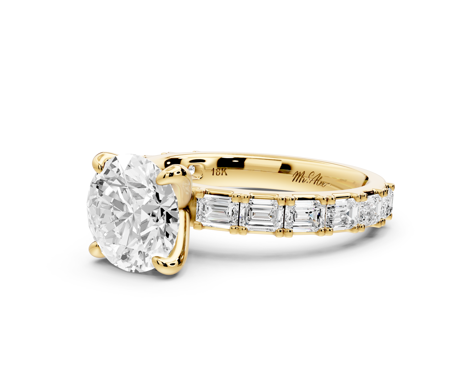 Nadia - 2ct 14k yellow gold round diamond with east-west emerald cut accent stones engagement ring