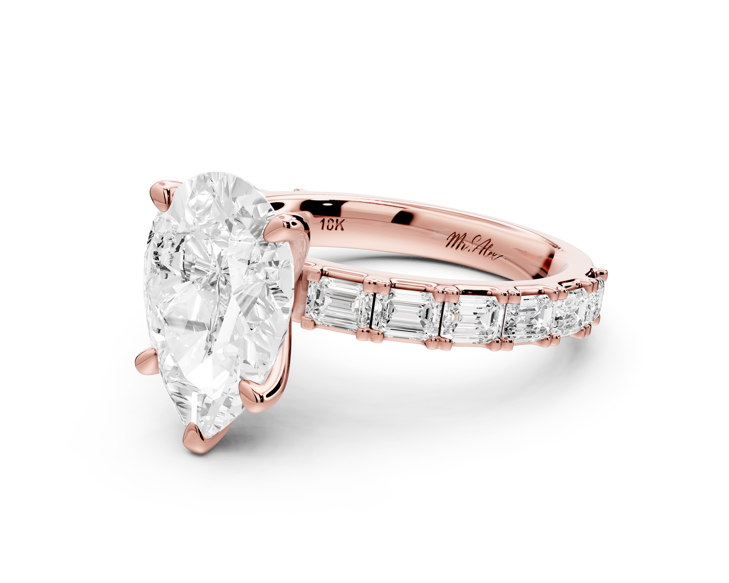 Nadia - 3ct 14k rose gold pear diamond with east-west emerald cut accent stones engagement ring
