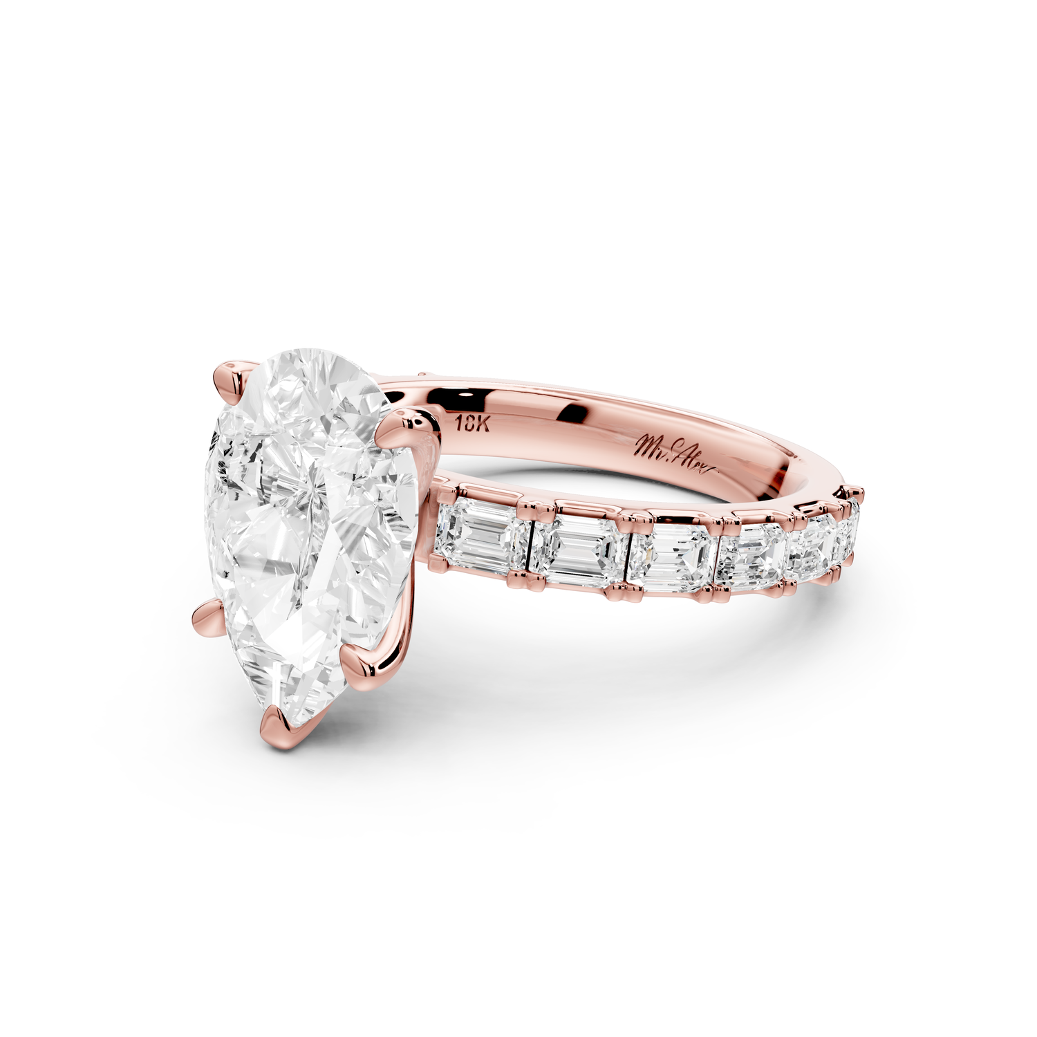 Nadia - 3ct 14k rose gold pear diamond with east-west emerald cut accent stones engagement ring