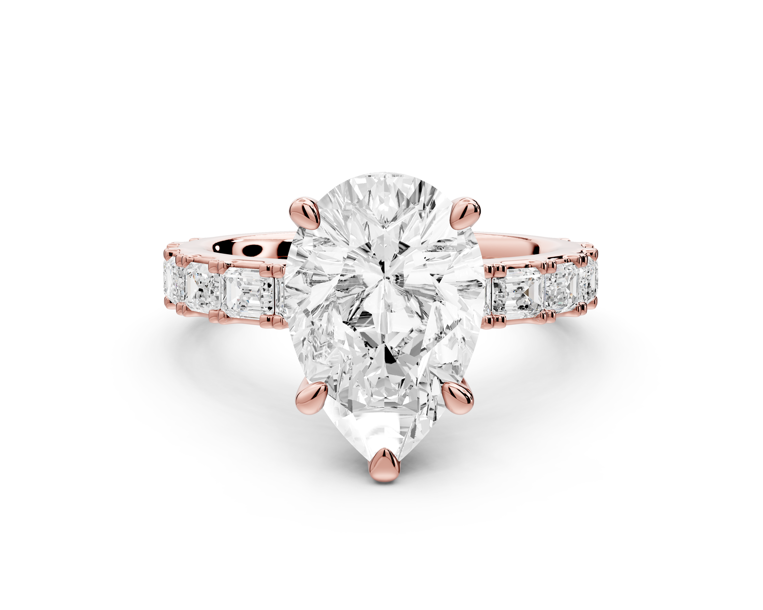 Nadia - 3ct 14k rose gold pear diamond with east-west emerald cut accent stones engagement ring