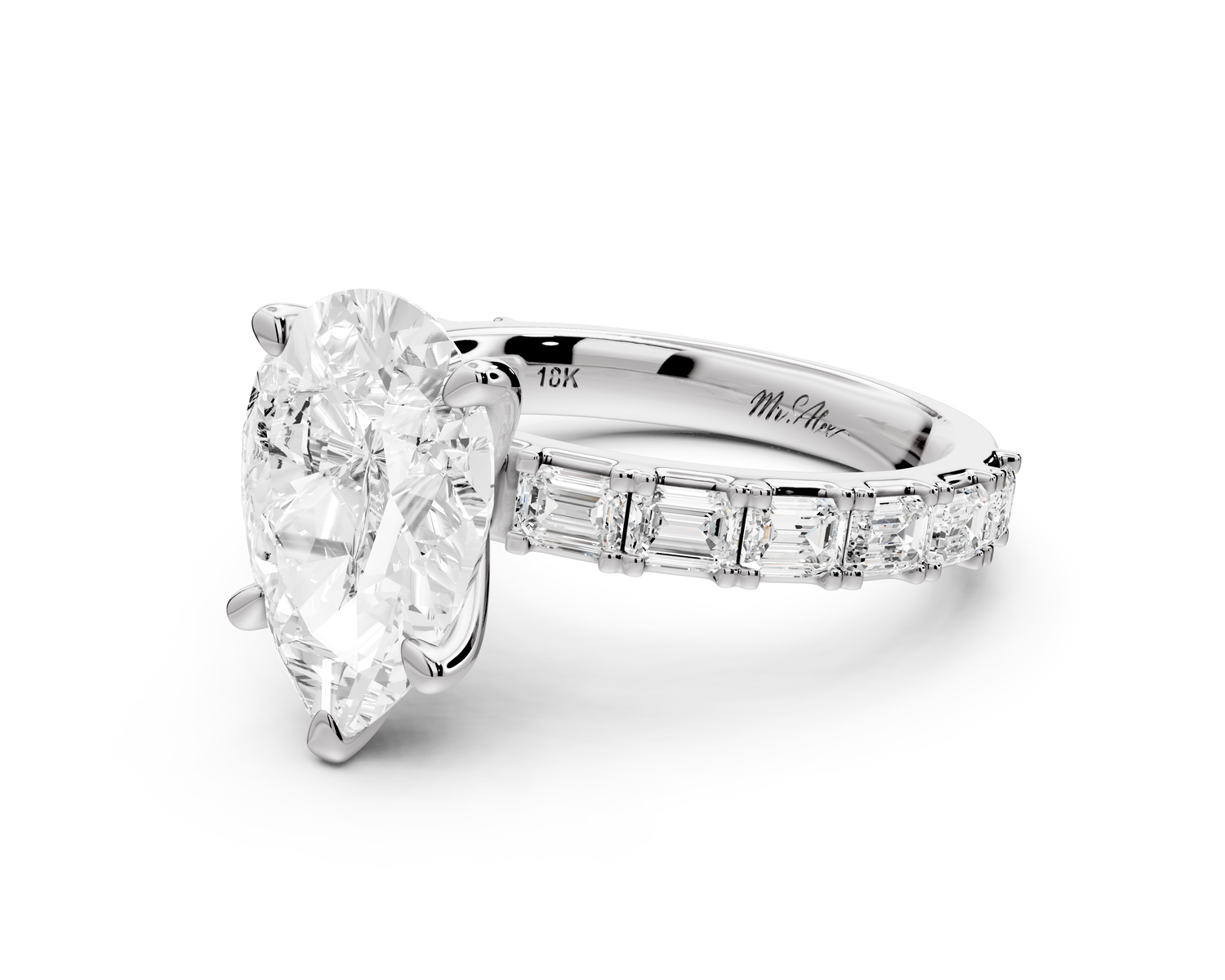 Nadia - 3ct 14k white gold pear diamond with east-west emerald cut accent stones engagement ring