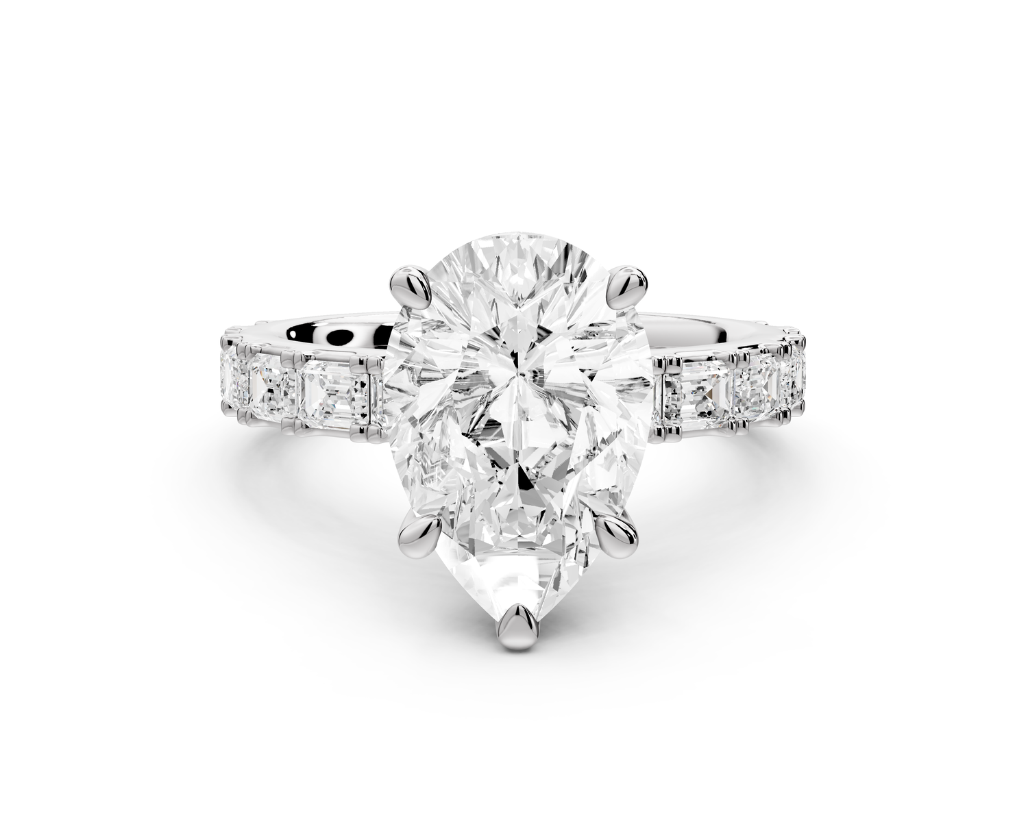 Nadia - 3ct 14k white gold pear diamond with east-west emerald cut accent stones engagement ring